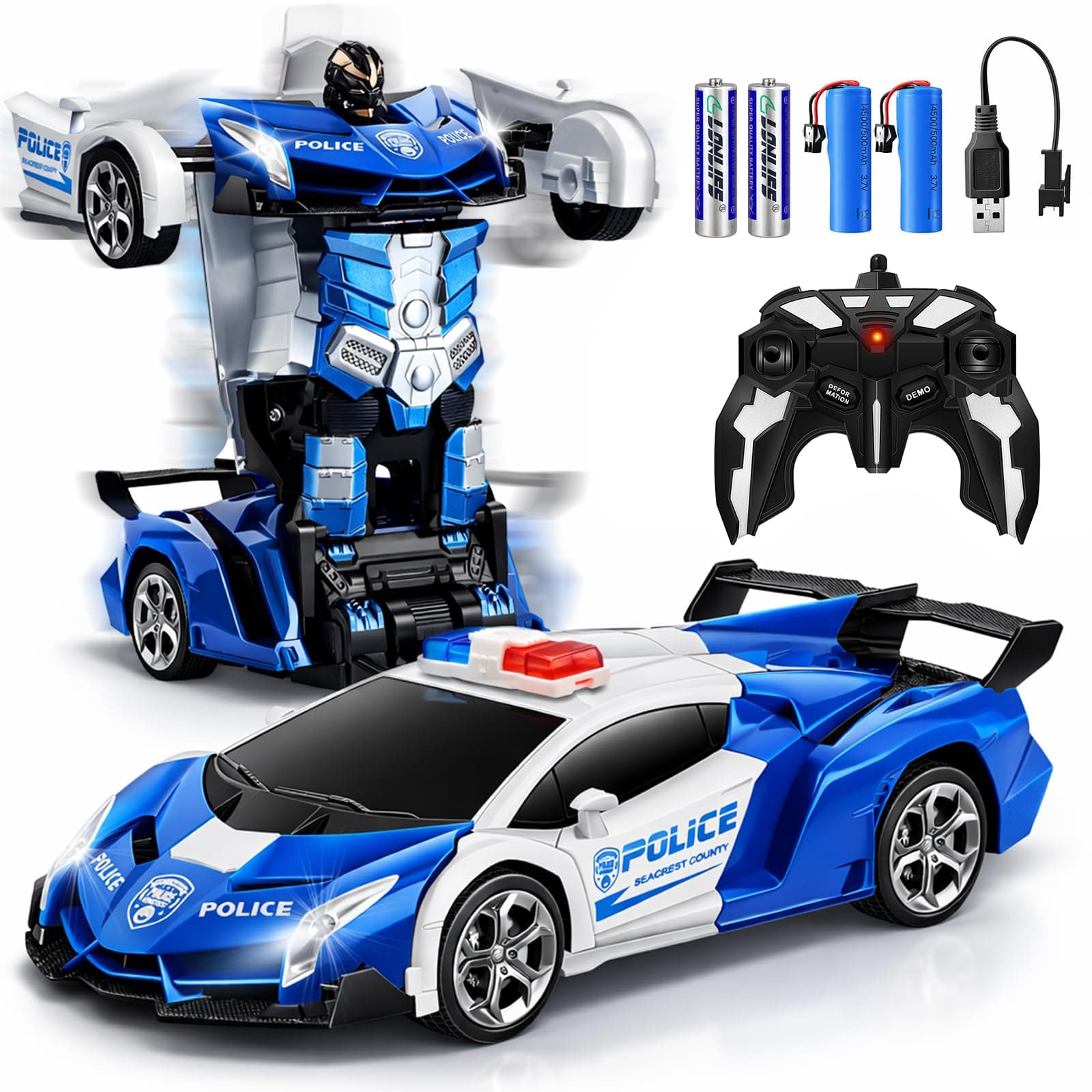 FIGROL Transform Car Robot, 1:18 Scale Transforming RC Car with One Button Transformation, Realistic Engine Sounds & 360° Speed Drifting, Blue&white, Unisex Children