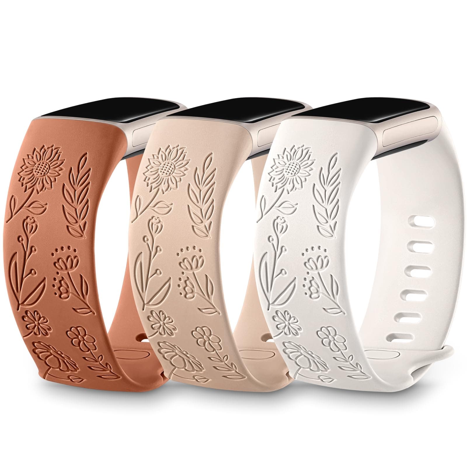 DaQin3 Pack Sunflower Engraved Band Compatible with Fitbit Charge 6 Band/Fitbit Charge 5 Bands for Women Men, Cute Sunflower Laser Soft Sport Band Replacement Strap for Charge 6 band/Charge 5 Band