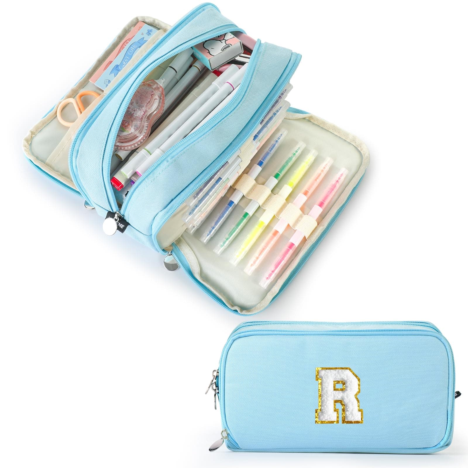 Extra Large Capacity Pencil Case 3 Compartment Initial Pencil Pouch Personalized Cute Aesthetic Stationery Pen Case Bag for School Teen Girl Boy Men Women Gift (R, Blue)