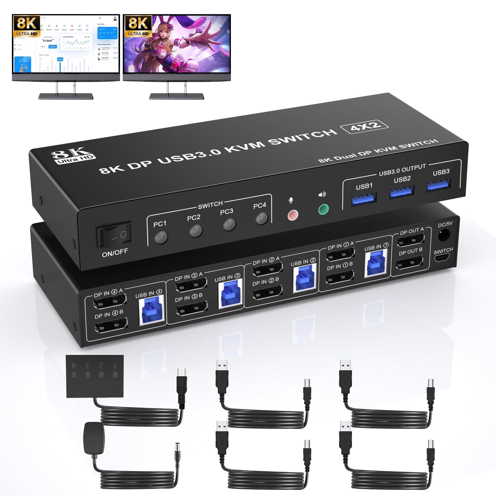 8K@60Hz USB 3.0 Displayport KVM Switch 2 Monitors 4 Computers, Dual Monitor KVM Switch with Audio Output and 3 USB 3.0 Ports, 4 Port Dual Monitor Displayport KVM Switch for 4 Computer