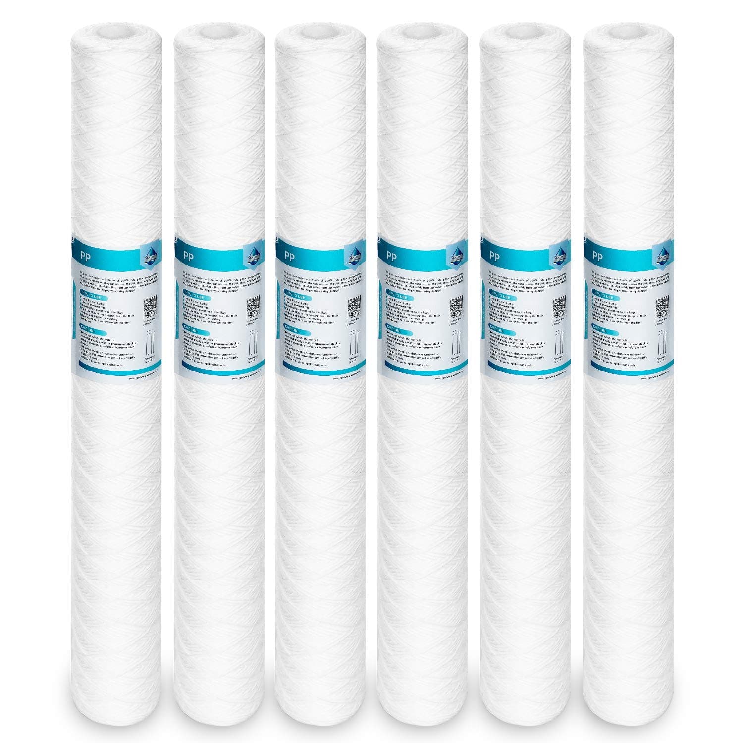 Membrane Solutions 5 Micron 2.5" OD x 20" Length Sediment Water Filter String Wound Polypropylene Cartridge for Whole House Filter Systems - 6 Pack