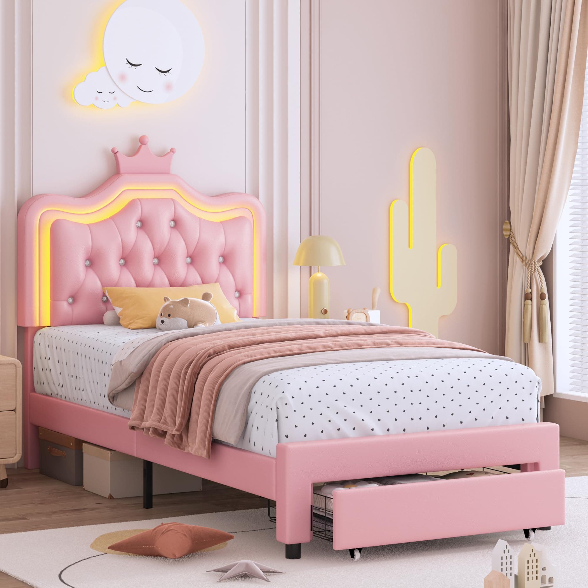 Twin Upholstered LED Bed Frame with Storage Drawer, Leather Princess Platform Bed with Adjustable Crystal Button Tufted Crown Headboard, Solid Wooden Slats Support, No Box Spring Needed, Pink