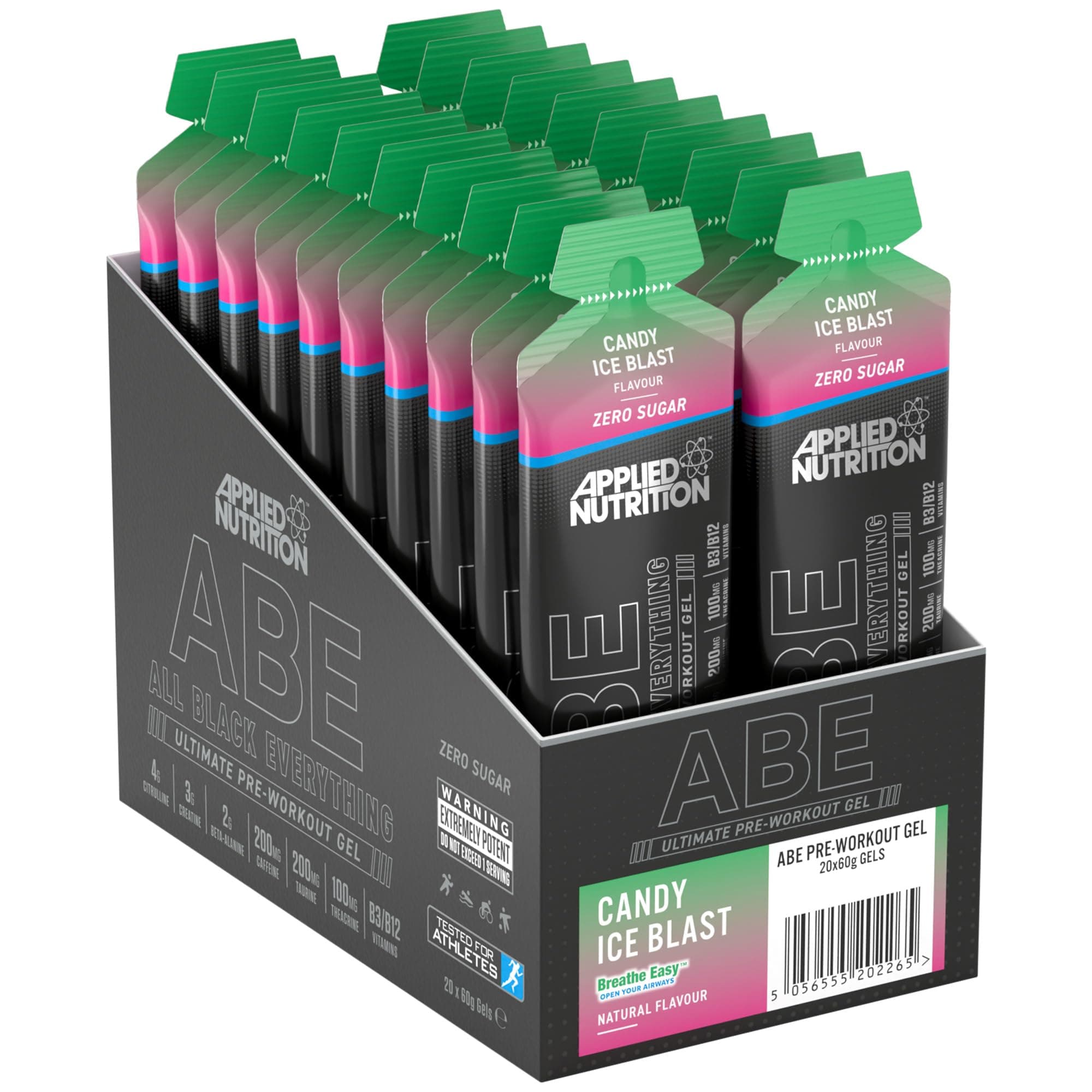 Applied Nutrition ABE Pre Workout Gel - All Black Everything Pre Workout Gel, Energy & Physical Performance with Citrulline, Creatine, Beta Alanine (20 x 60ml Gels) (Candy Ice Blast)