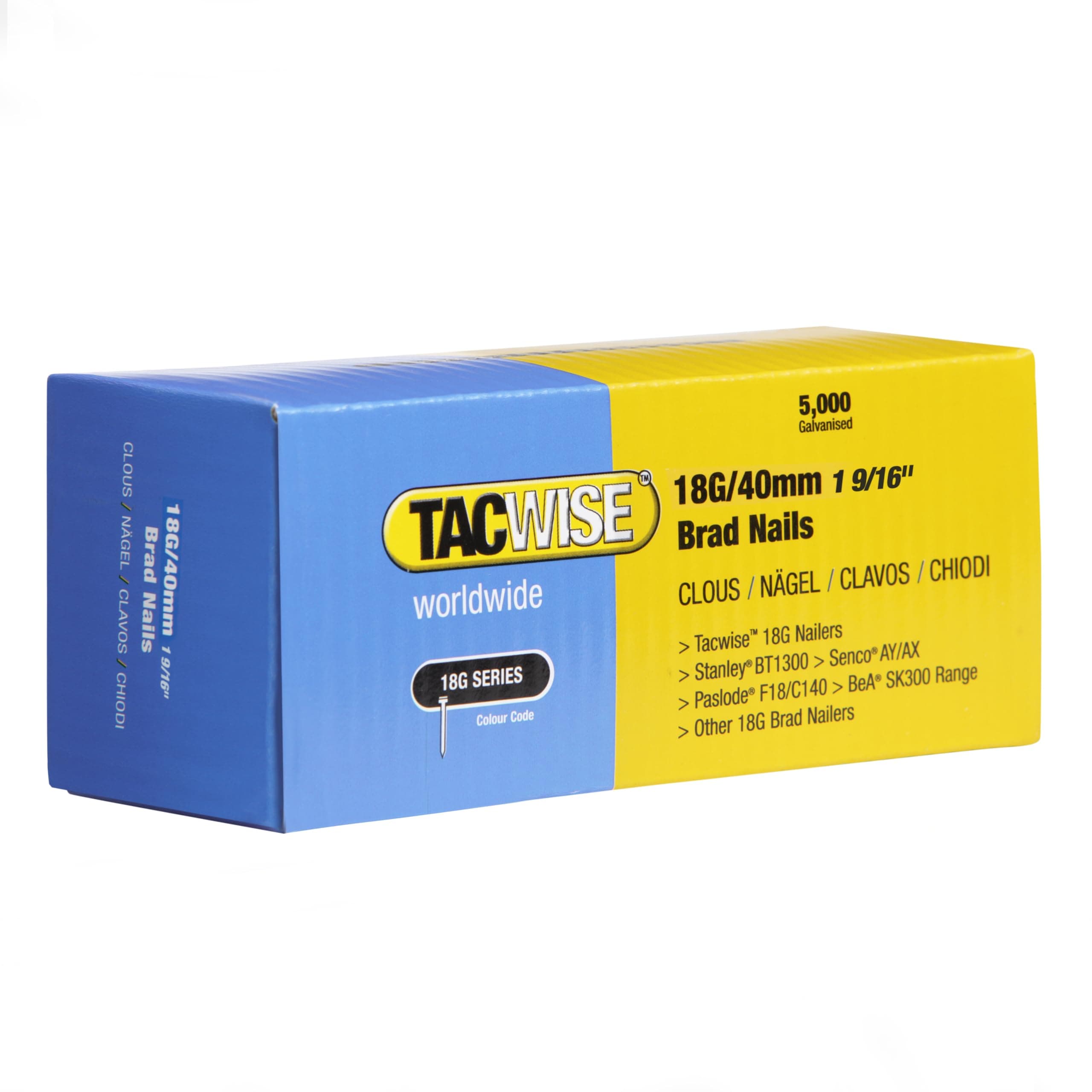 Tacwise 0400 Type 18G / 40 mm Galvanised Brad Nails, Pack of 5000