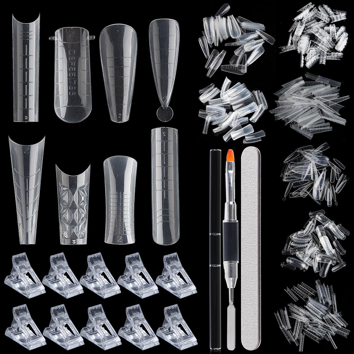 Dual Nail Form Kit, 480pcs Dual Forms for Polygel Stiletto Coffin Ballerina Extension Forms 10pcs Clear Clips With Gel Brush Pen Nails Files Buffer Nail Extension Kit for Beginner