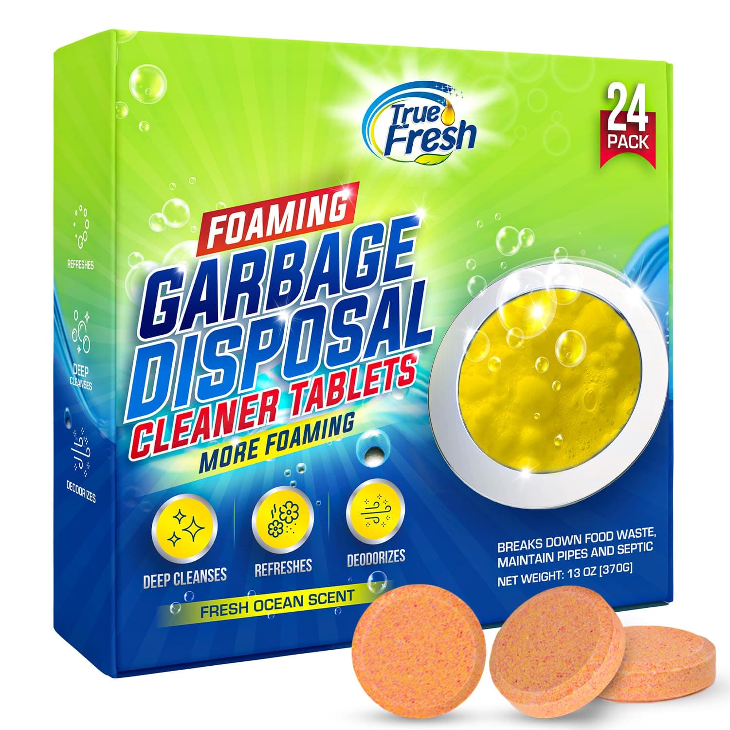 Garbage Disposal Cleaner Tablets, Large 15g Drop-In Fresh Ocean Tablets, Deep Foaming Sink & Drain Cleaner for Buildup, Grease & Residue, Disposal Cleaner and Deodorizer, 24 Pack XL Value!