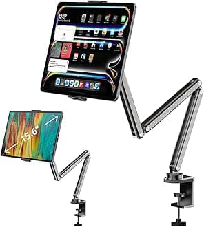 KU XIU Aluminum Alloy Tablet Stand for Desk, Adjustable Foldable Arm Holder Mount Compatible with iPad 10/9th, iPad 13/12.9/11'' Pro Air Mini, Portable Monitor 7-15.6'', Samsung Galaxy Tab S9/FE/A9/S6