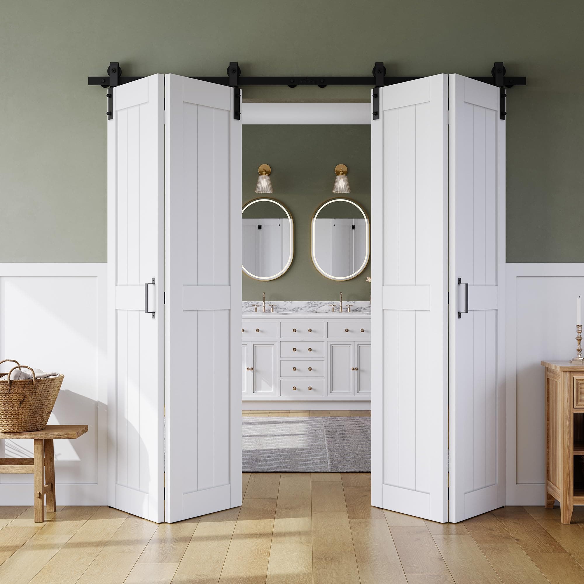 - Bifold Barn Door 80" x 84", MDF Bi-Fold Sliding Closet Doors with Hardware Kit Included, Pre-Finished Easy Assembly, Water-Proof PVC Surface & Save Space, H-Frame, 88" Track for 4 Doors,White