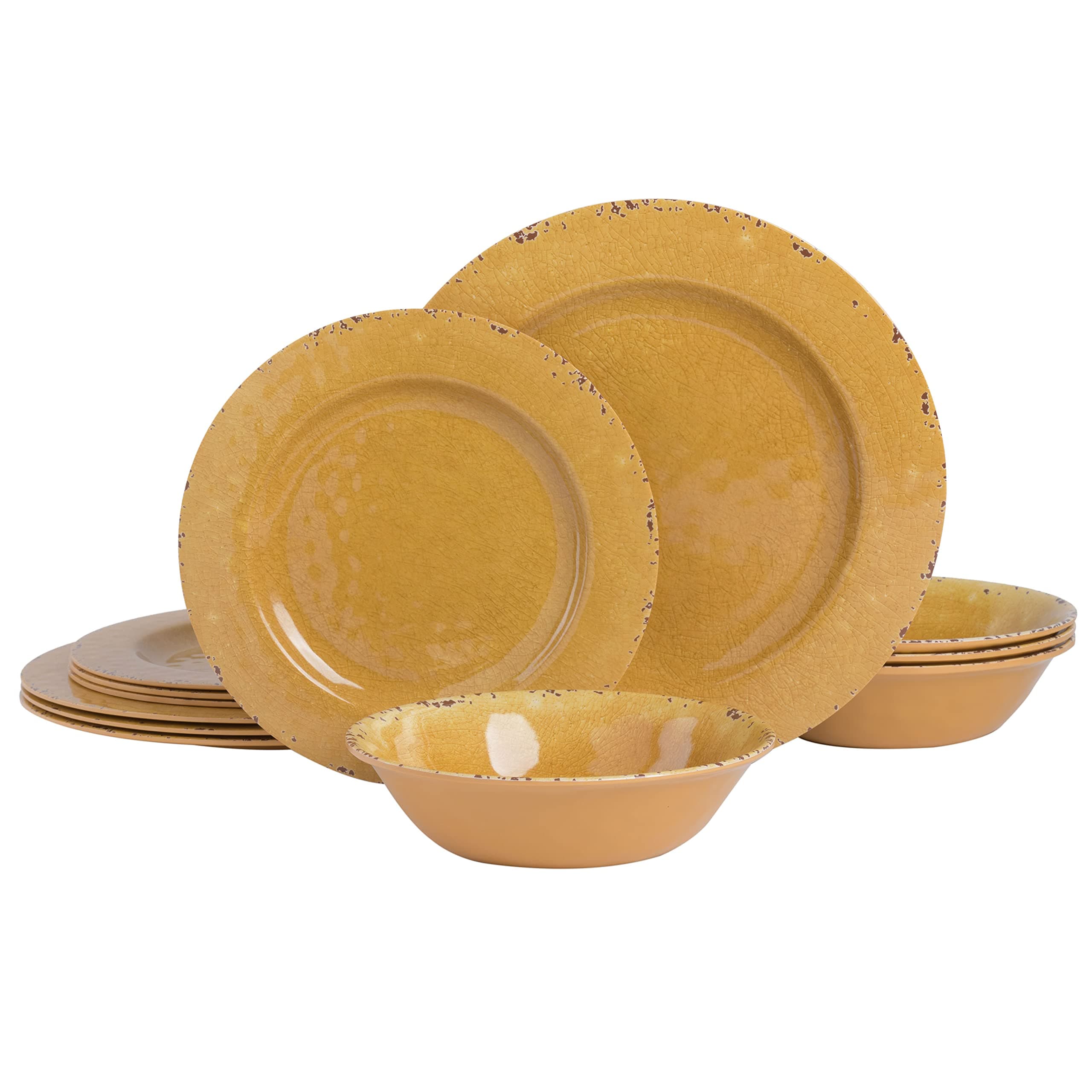 Gibson Home Mauna Melamine Plastic Dinnerware Set, Service for 4 (12pc), Golden Yellow