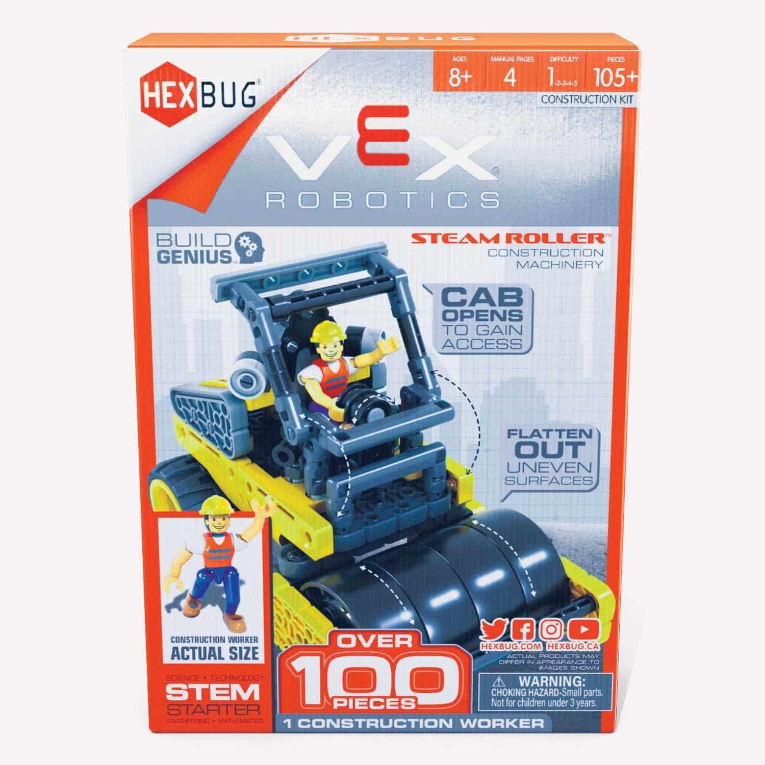 HEXBUGVEX Robotics Steam Roller, Buildable Construction Toy, Gift For Boys and Girls Ages 8 and Up Multicolor,406-7184