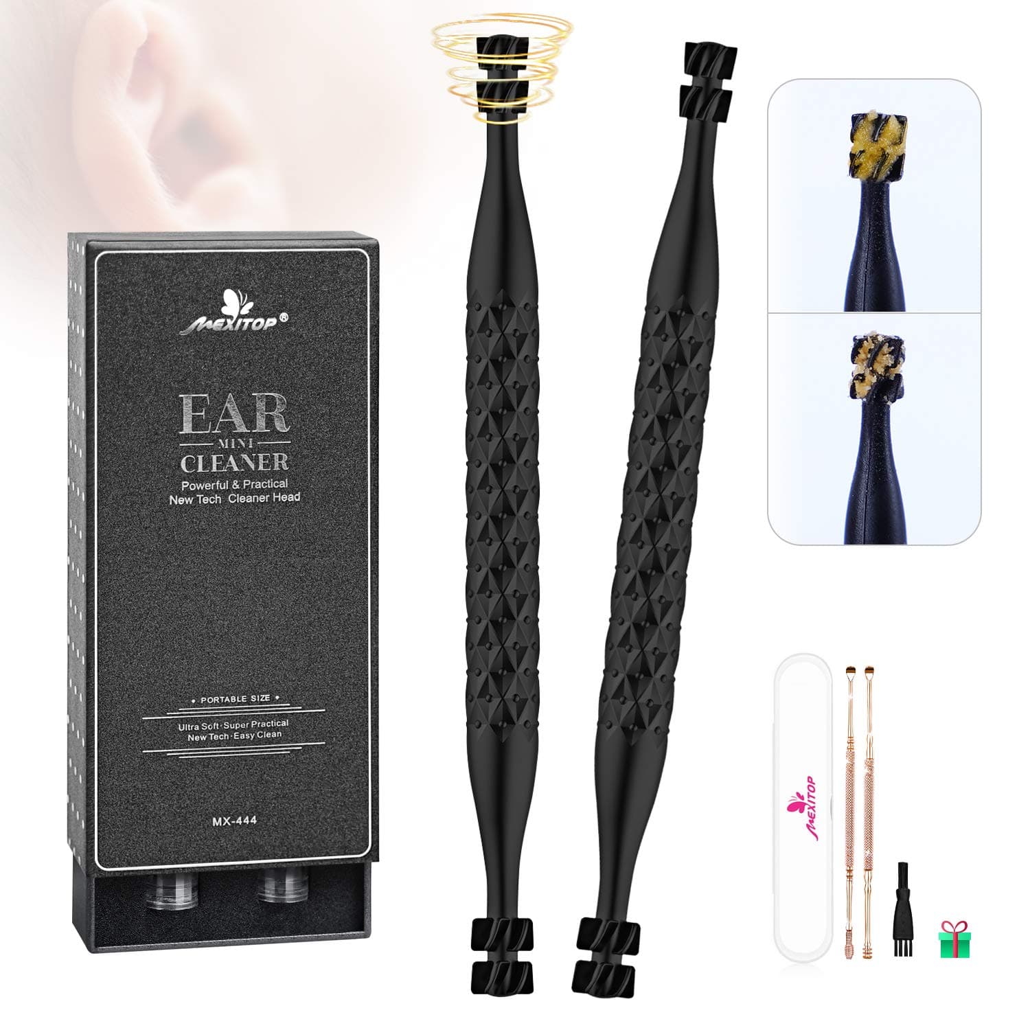 Ear Wax Removal, Mexitop Ear Cleaner, New Turbofan Structure for Complete Ear Cleaning, One-piece Earsafe Design, w/ Bonus Blackgold Ear Pick, Works on Ear Flushing/Drop/Irrigation/Q-tips/Cotton Swab