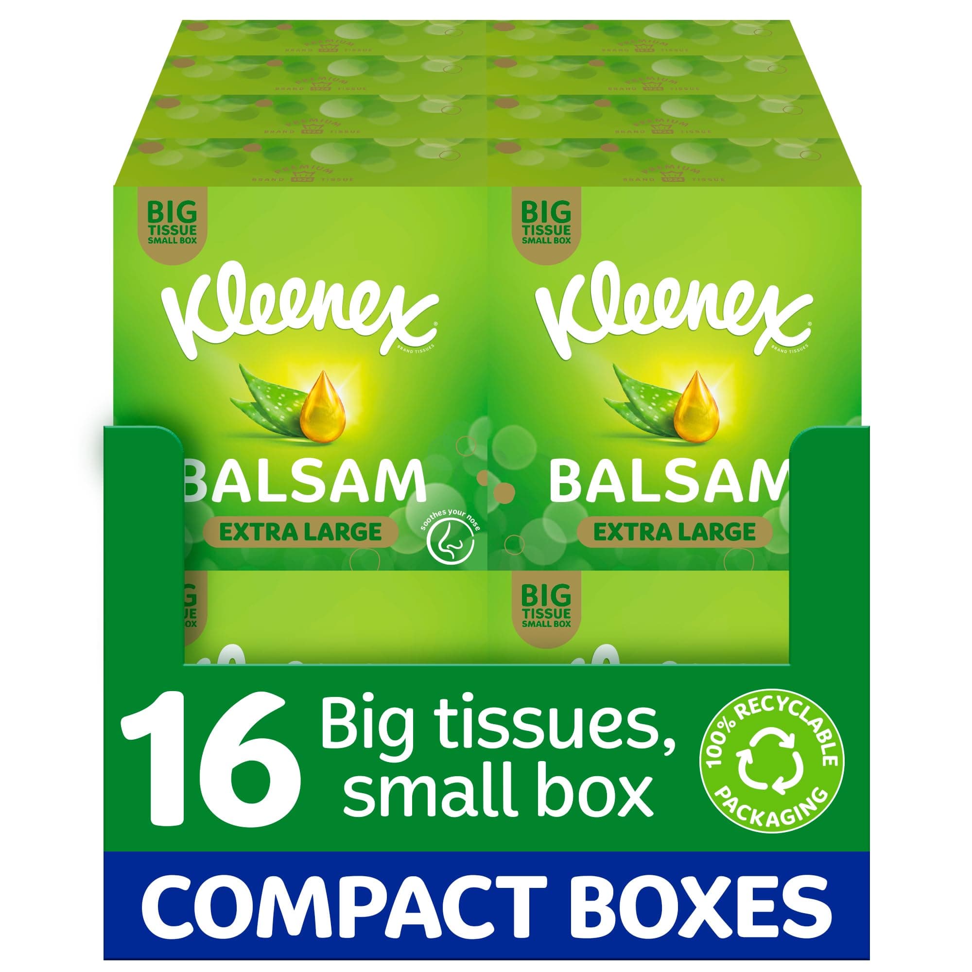 Balsam Extra Large Tissues in 16 Compact Boxes - Protect and Soothe Your Nose When You've Got a Cold - BalmCare with Aloe Vera, Vitamin E and Calendula, 640 Tissues (16 Boxes)