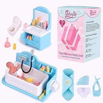 BABESIDE Mini Silicone Baby Dolls, 3 Inch Realistic Newborn Baby Doll Full Silicone Sleeping Little Baby Dolls Mini Real Life Baby Girl Miniature Baby with Bathroom Toy Set Accessories(Blue)