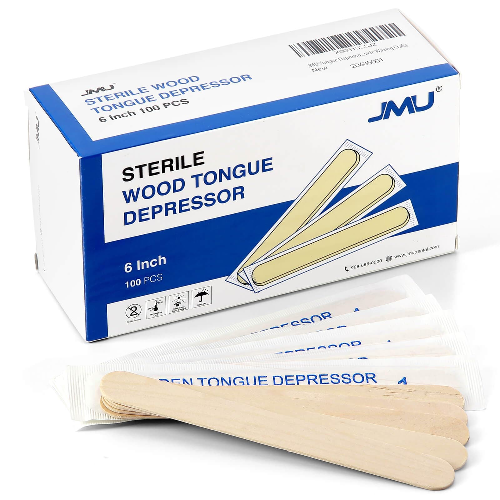 JMU Tongue Depressors Sterile 100 Count, 6" Tongue Depressors Wood Individually Wrapped for Medical Popsicle Crafts