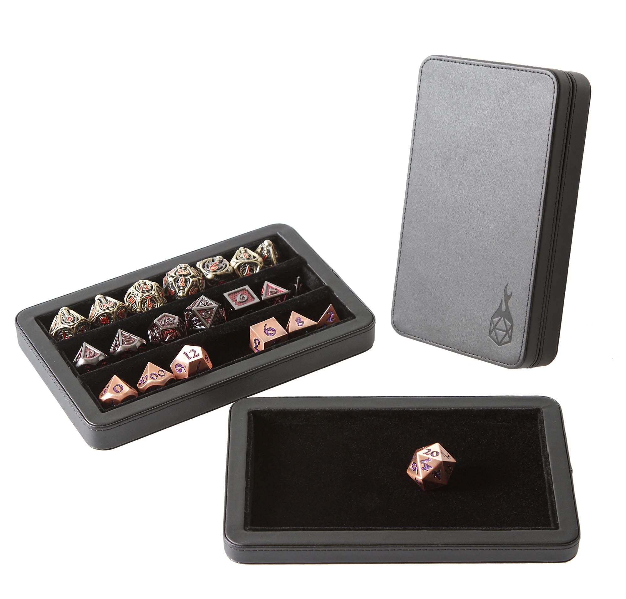 Premium Puchmatic Dice Case - Polyhedral Dice Set Protection with Felt-Lined Rows & Magnetic Lid Closure - Black
