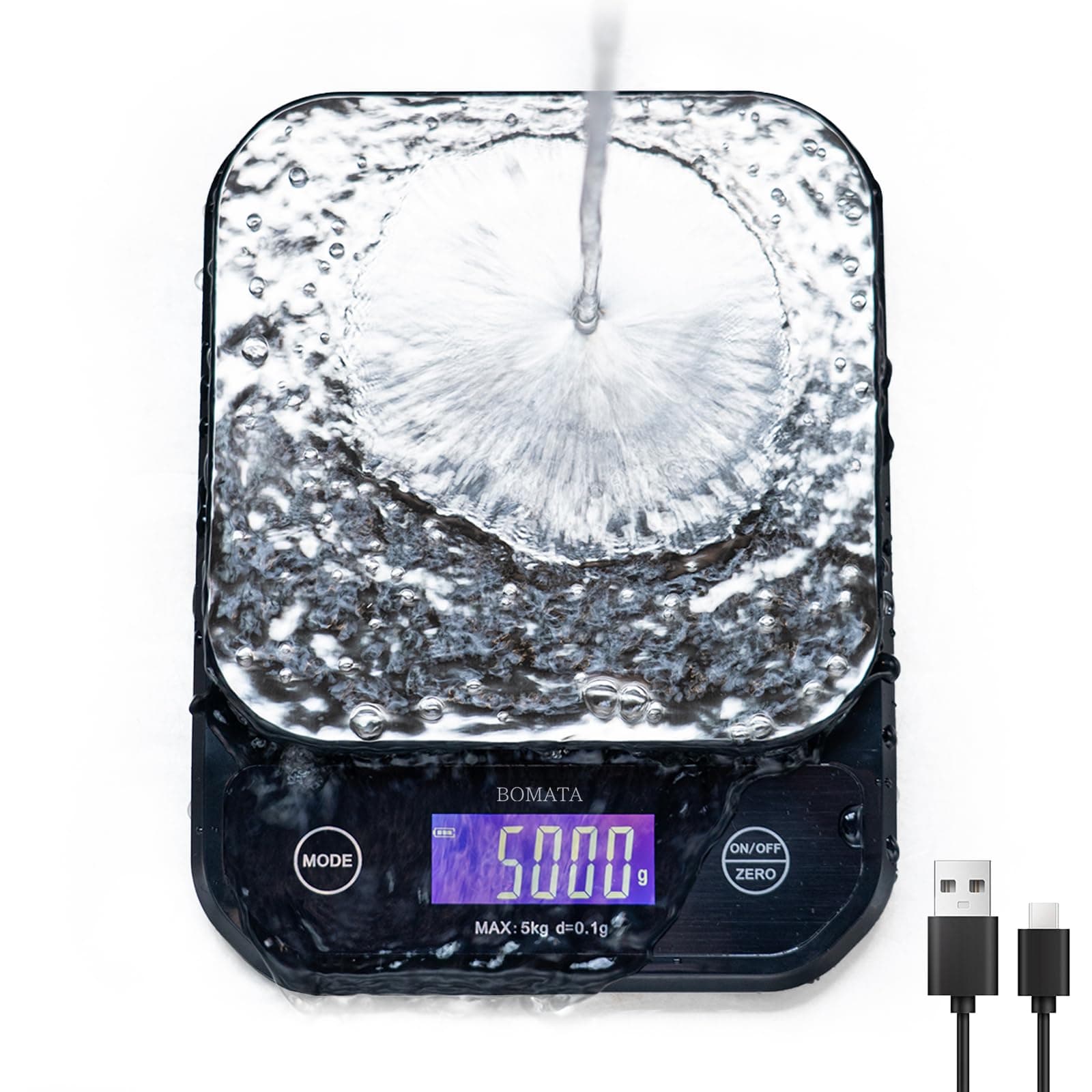 BOMATA Waterproof IPX6 Kitchen Scale, 0.1g High Precision,Max 5kg, Washable, TYPE-C Rechargeable, Stainless Steel Weighing Platform, Digital Scale for Food，Cooking, Baking, Weight Loss, etc.……