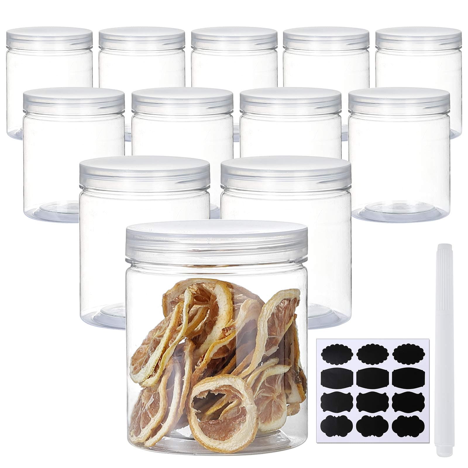- 16 OZ Plastic Jars with Lids, 12 Pack Clear Plastic Slime Containers for Kitchen and Household Food Storage of Dry Goods, Creams and More,Included Extra Label and A Pen