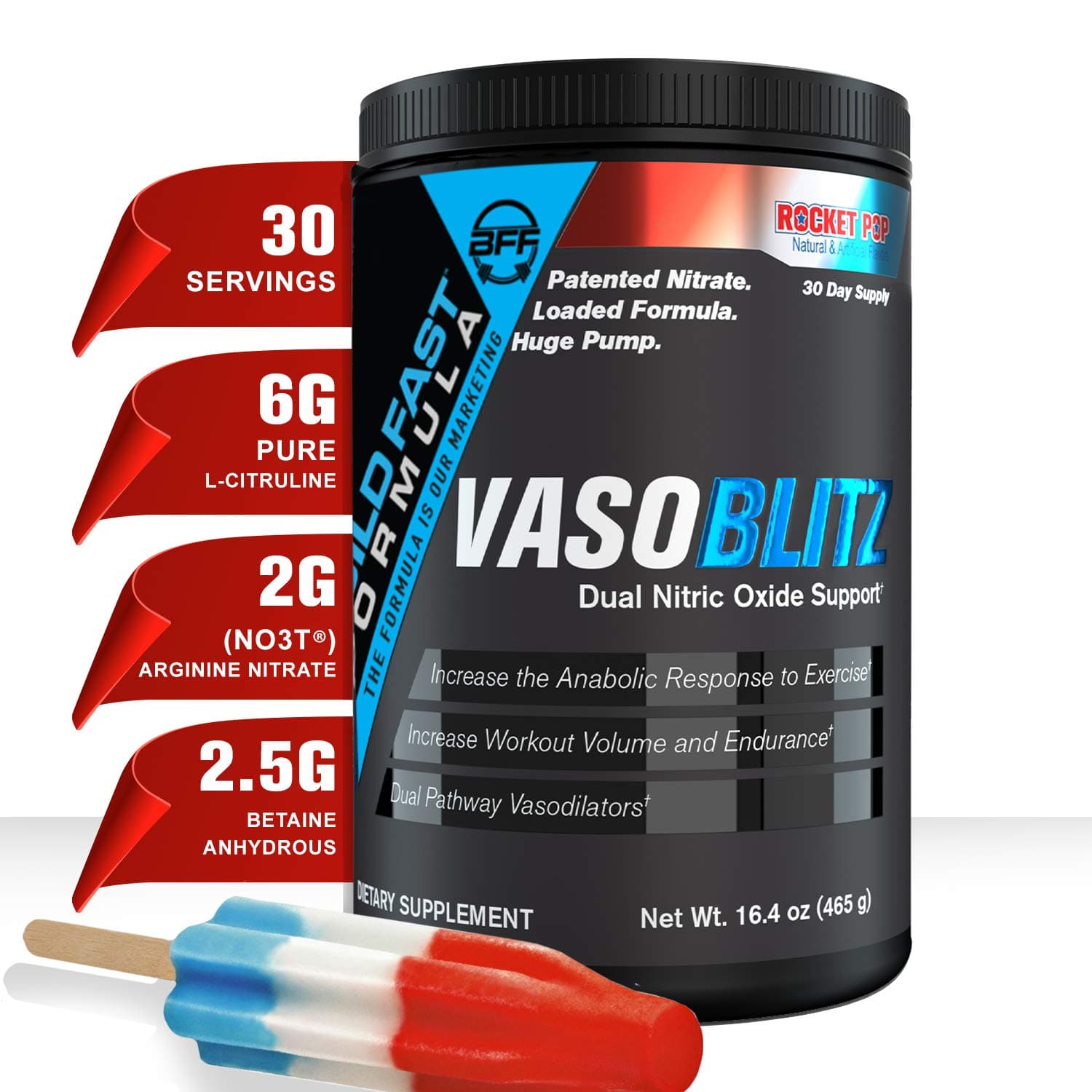 VASOBLITZ Award Winning Dual Nitric Oxide Pre Workout with NO3T Arginine Nitrate,L-Citrulline,Betaine Anhydrous,Calcium Lactate,Caffeine Free for Muscular Endurance(30 Serving) (Rocket Pop)