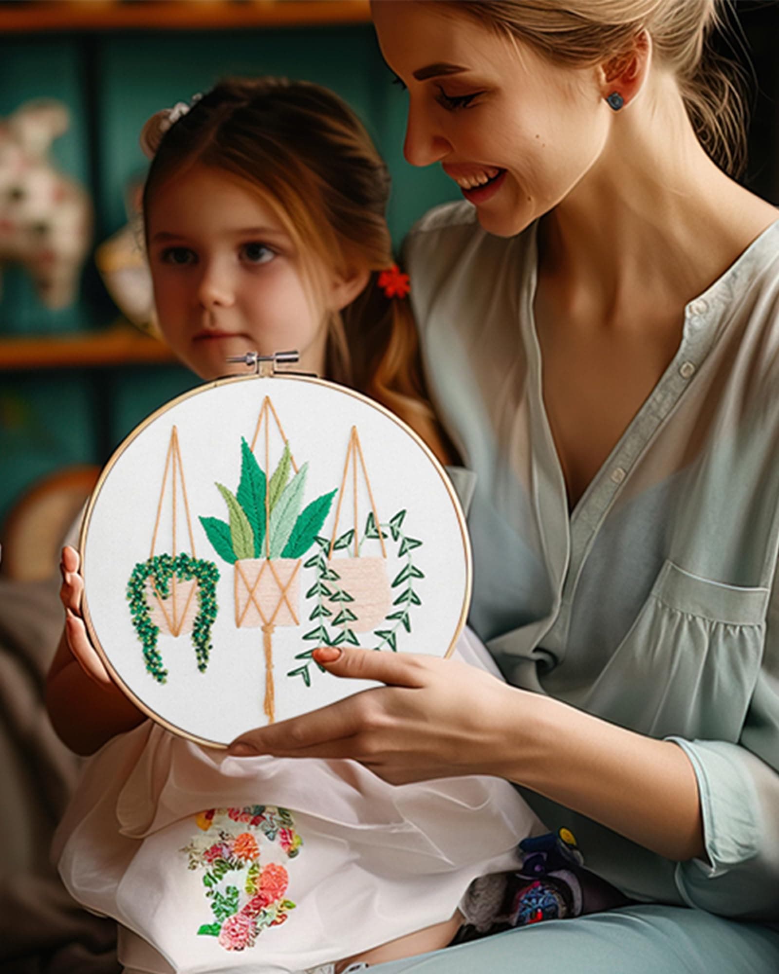 Santune 3 Sets Embroidery Starter Kit with Pattern and Instructions, Cross Stitch Set, Stamped Embroidery Kits with 3 Embroidery Clothes with Plants Flowers Pattern, 1 Embroidery Hoops