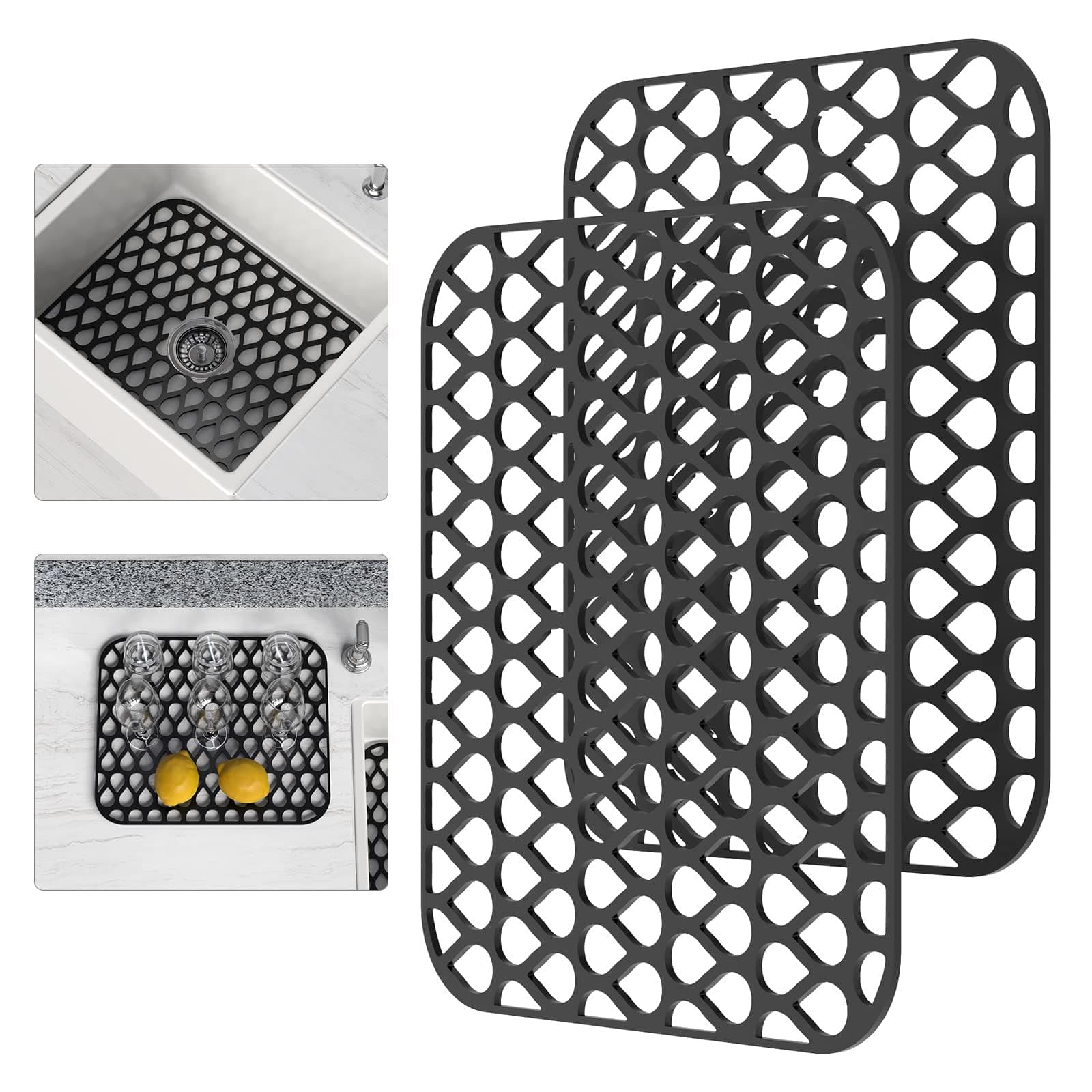 Silicone Sink Mat, 2 PCS Sink Protectors for Kitchen Sink, Kitchen Sink Mat, Grid Non-Slip Folding Sink Pad for Bottom, Stainless Steel Porcelain Sink Pad, Black