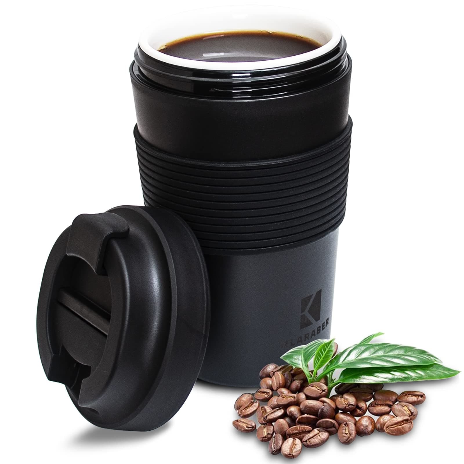 Ceramic Travel Mug, Reusable Coffee Cup with Ceramic Lining, Insulated Ceramic Coffee Cup, Leak-Proof, Environmentally Friendly Travel Mug for Ceramic Mug Fans (350 ml, Black)