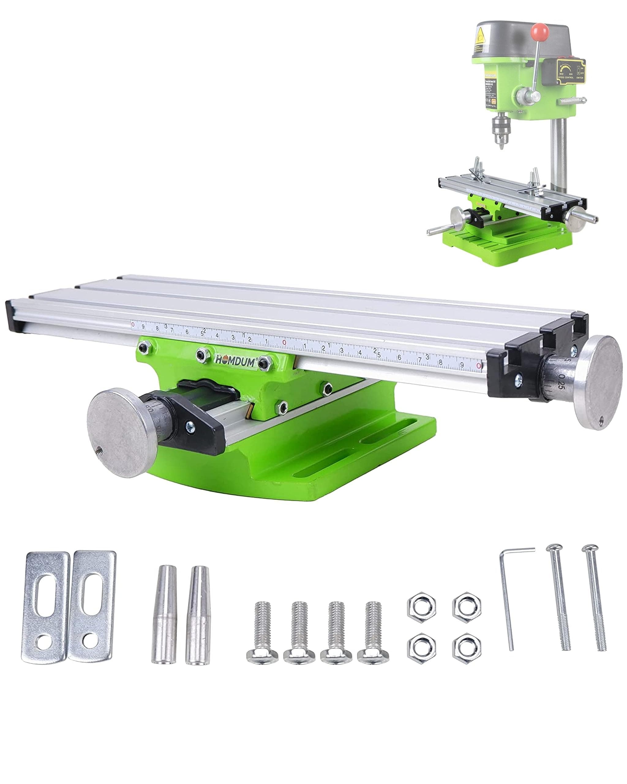 Homdum Slide Drilling JIG Worktable mini compound bench vise 310 x 90 MM Working Cross Table Milling used with Stand Drill Machine for Diy Miniature Work Aluminium Alloy Vise Silver and Green