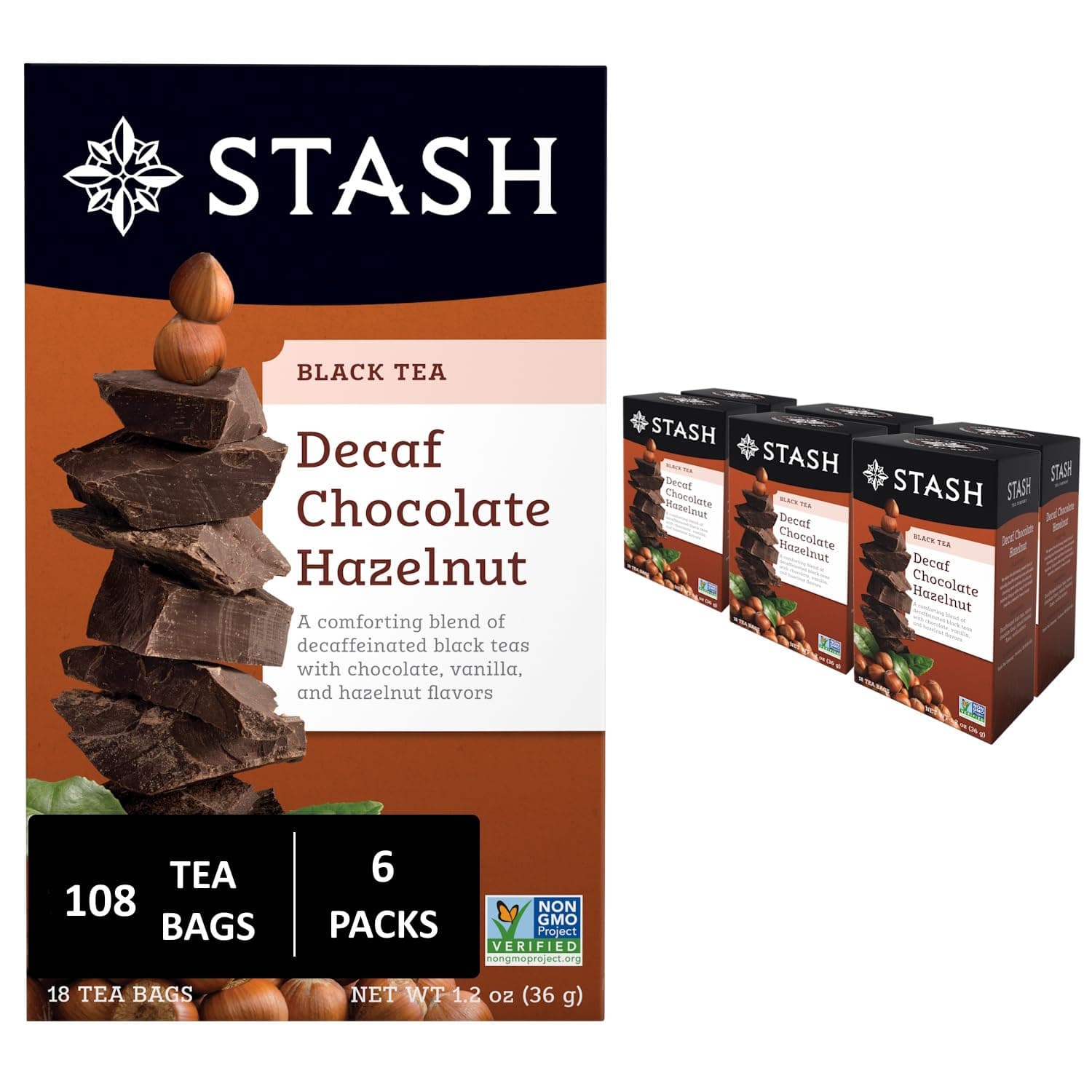 Stash Tea Decaf Chocolate Hazelnut Black Tea - Decaf, Non-GMO Project Verified Premium Tea with No Artificial Ingredients, 18 Count (Pack of 6) - 108 Bags Total