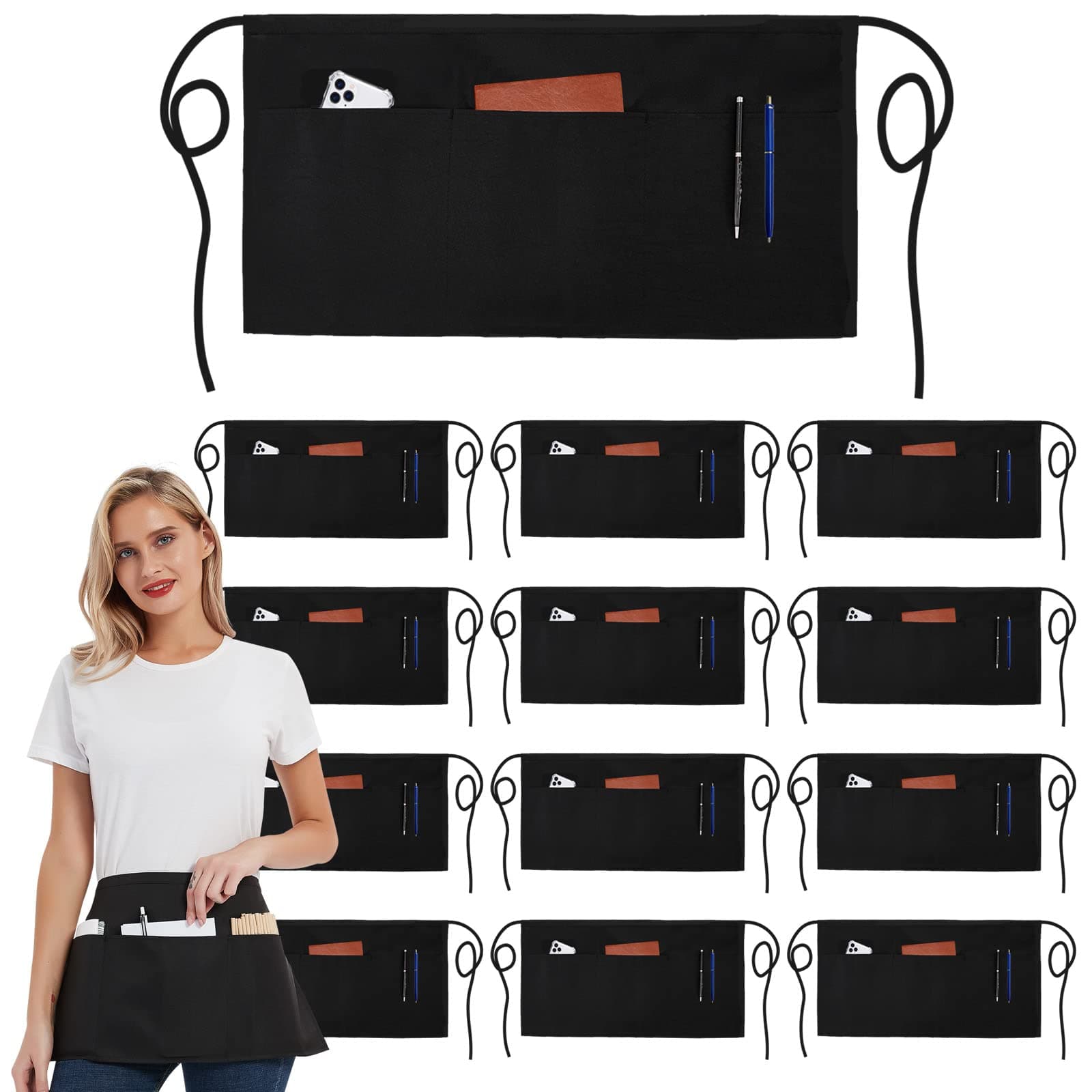 12 Pack Server Aprons with 3 Pockets - Waitress Aprons for Women Men Water Resistant Half Aprons with Added Long Waist Strap