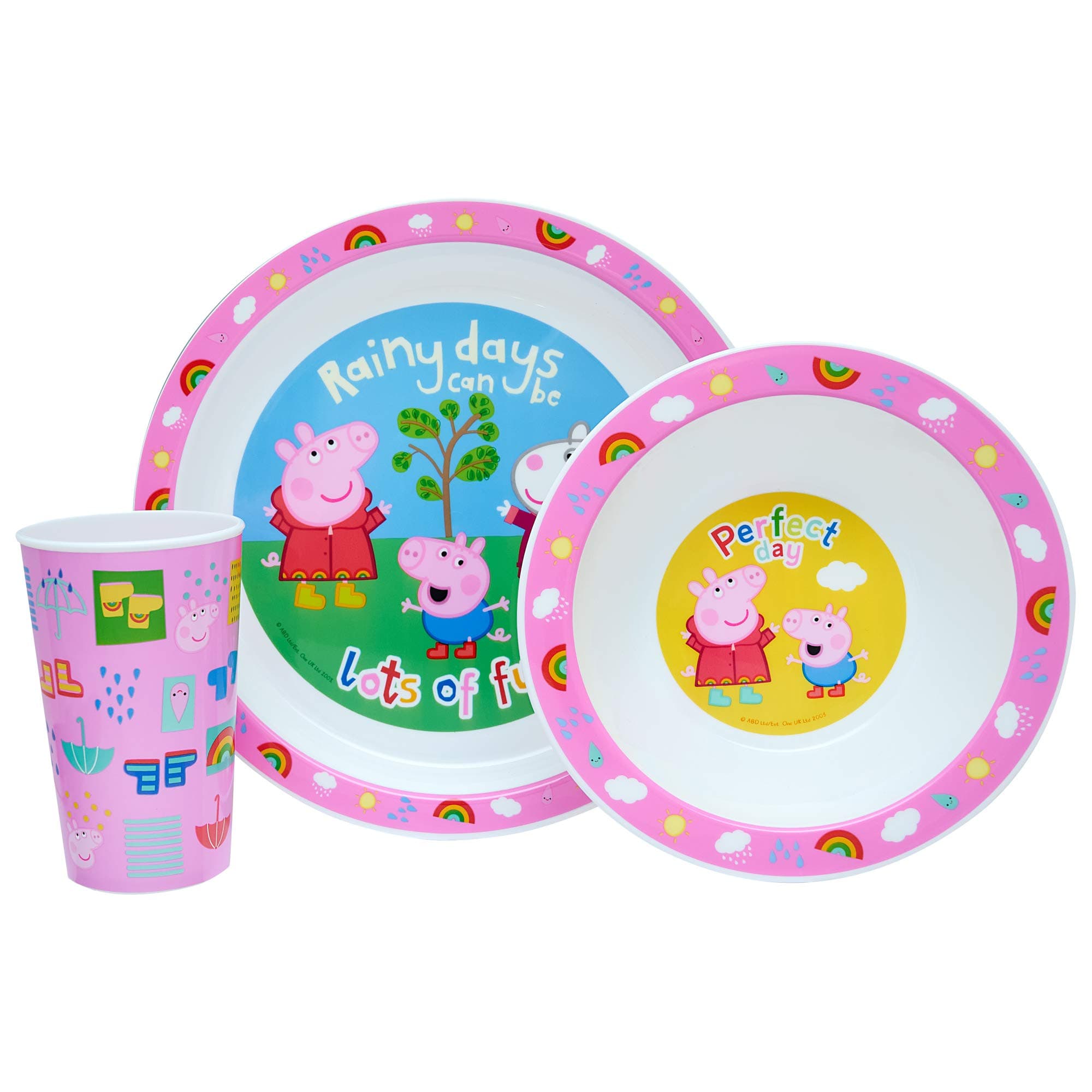 Perfect Day 3 Piece PP Tableware Set Childrens Peppa George Muddy Puddles Plate Bowl Tumbler Dinnerware, Re usable Plastic, Pink