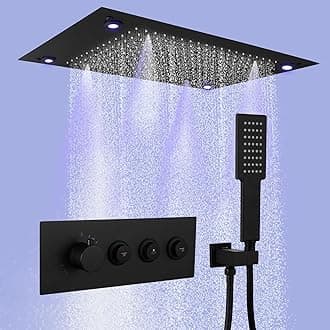 Black Rain Shower System, 24" Thermostatic Atomizing Shower System with Rain Shower and Handheld Shower, Smart LED Ceiling Rainfall Shower Combo Set