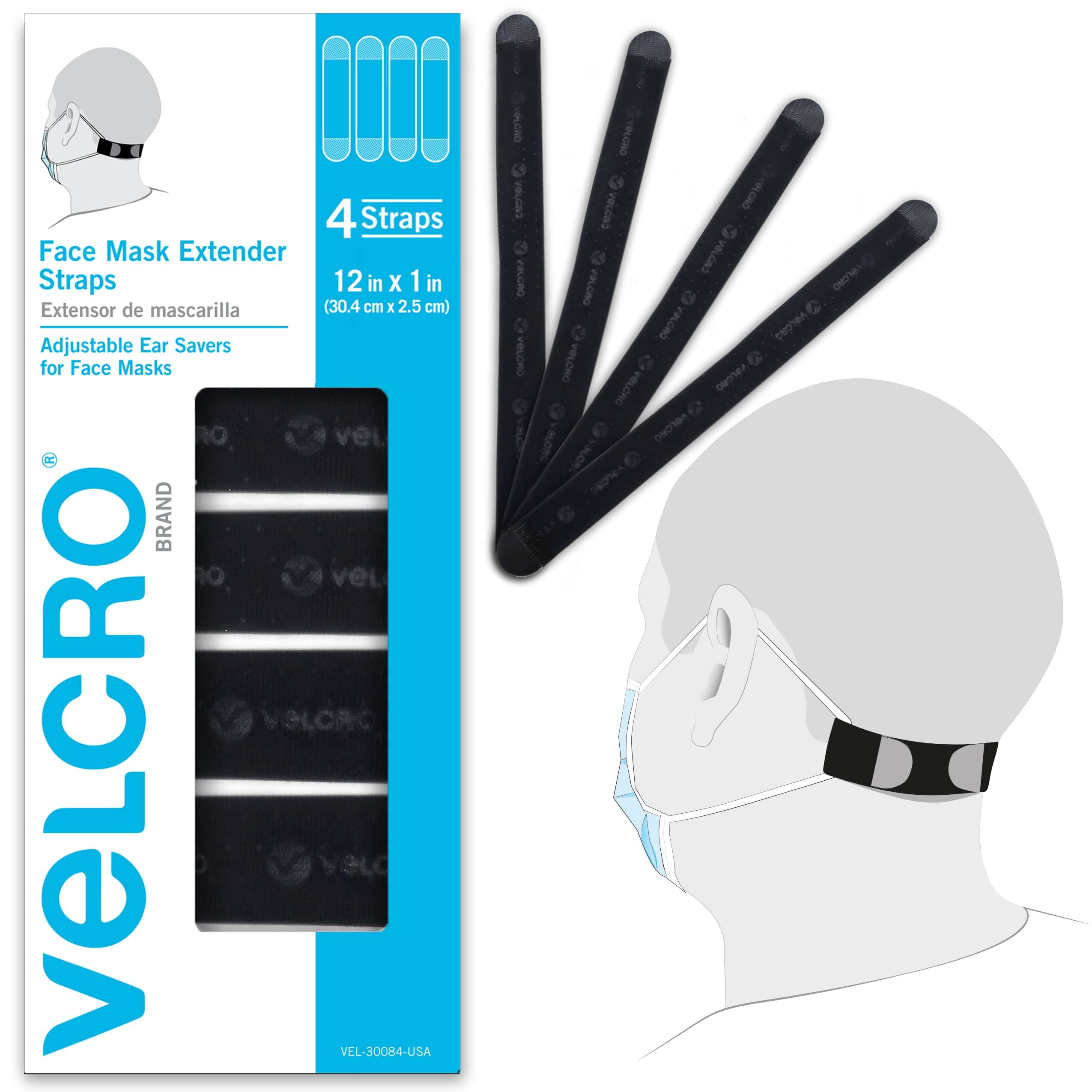 VELCRO® Brand | Face Mask Extender Straps | Comfortable and Adjustable Ear Savers | Black | 30.4cm x 2.5cm | Set of 4