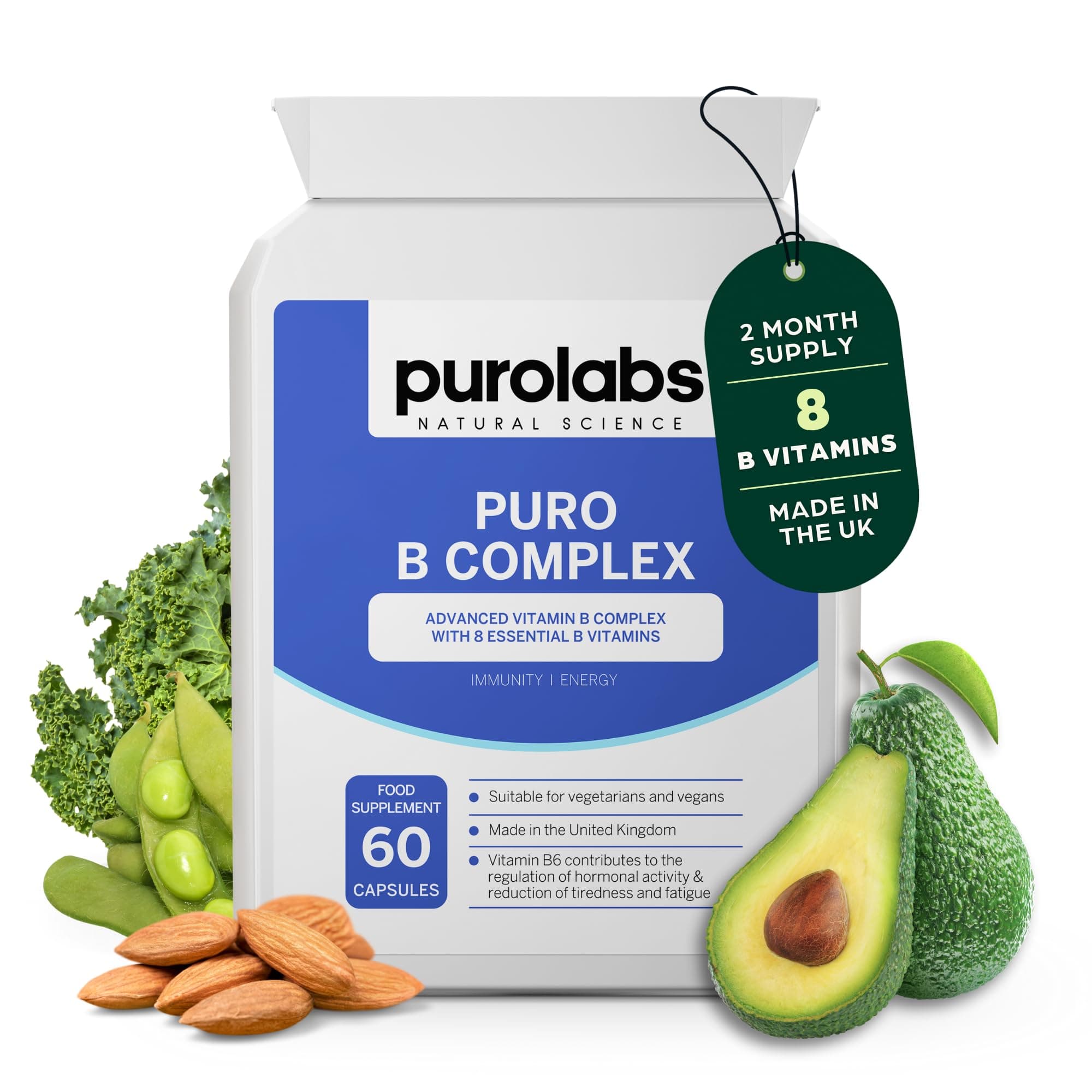 – Purolabs Vitamin B Complex High Strength – High Strength VIT B Complex with 8 Essential B Vitamins – Methylated Folate & B12 Supplements with Vitamin B6 and B12 – 60 Vegan Capsules – Made in UK