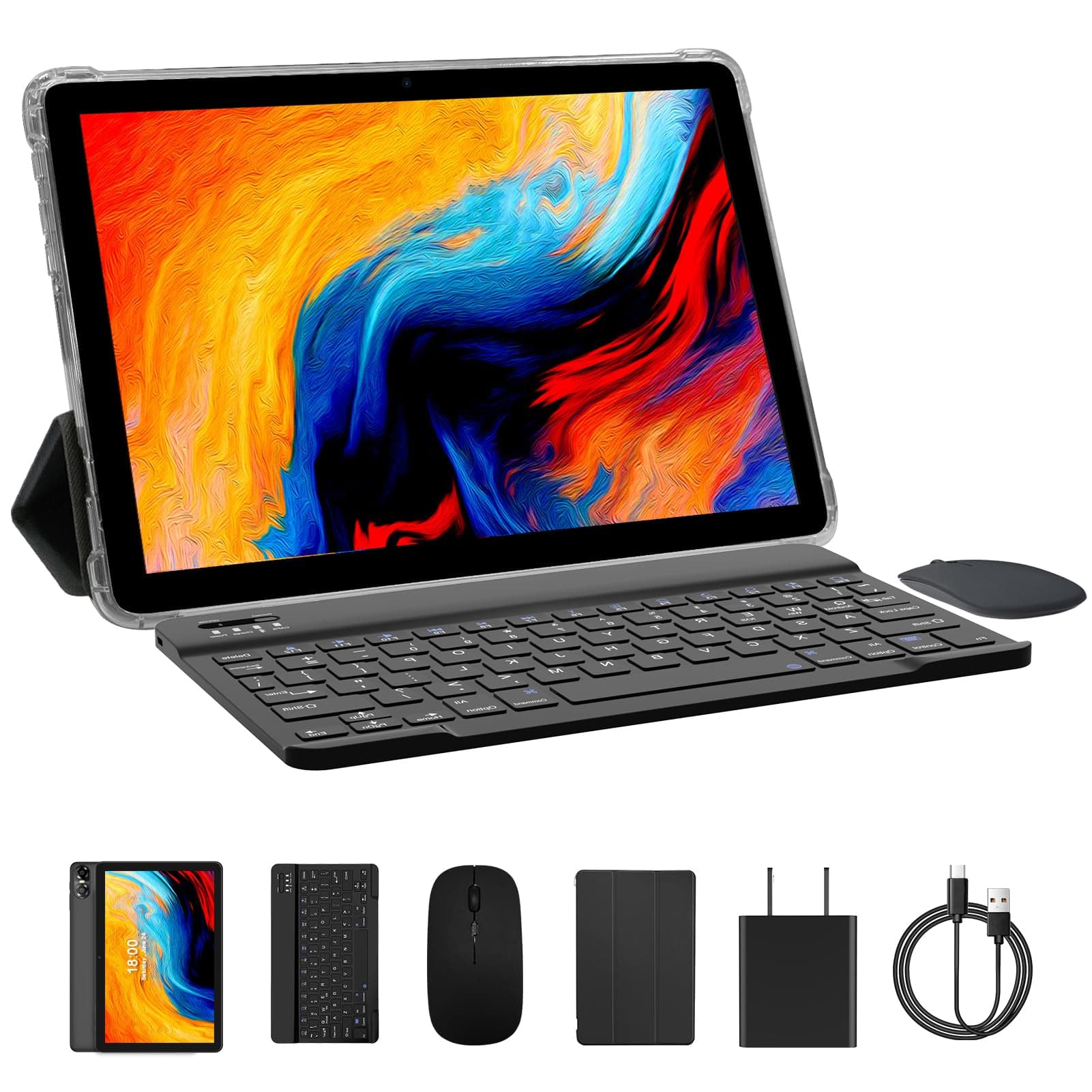 PRITOM 2026 All-new 10'' Tablet Android 15, Octa-Core, WiFi 5Ghz, HD IPS Display, 64GB Tablets with Keyboard, a Customized Case, Charger & Mouse, Bluetooth, Dual Camera, Google Tablet