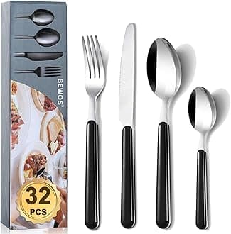 BEWOS 32 Piece Cutlery Set, Service for 8, Kitchen Cutlery Sets,Black Forks Knives and Spoons Set, Stainless Steel Flatware Serving Set for Home, Party