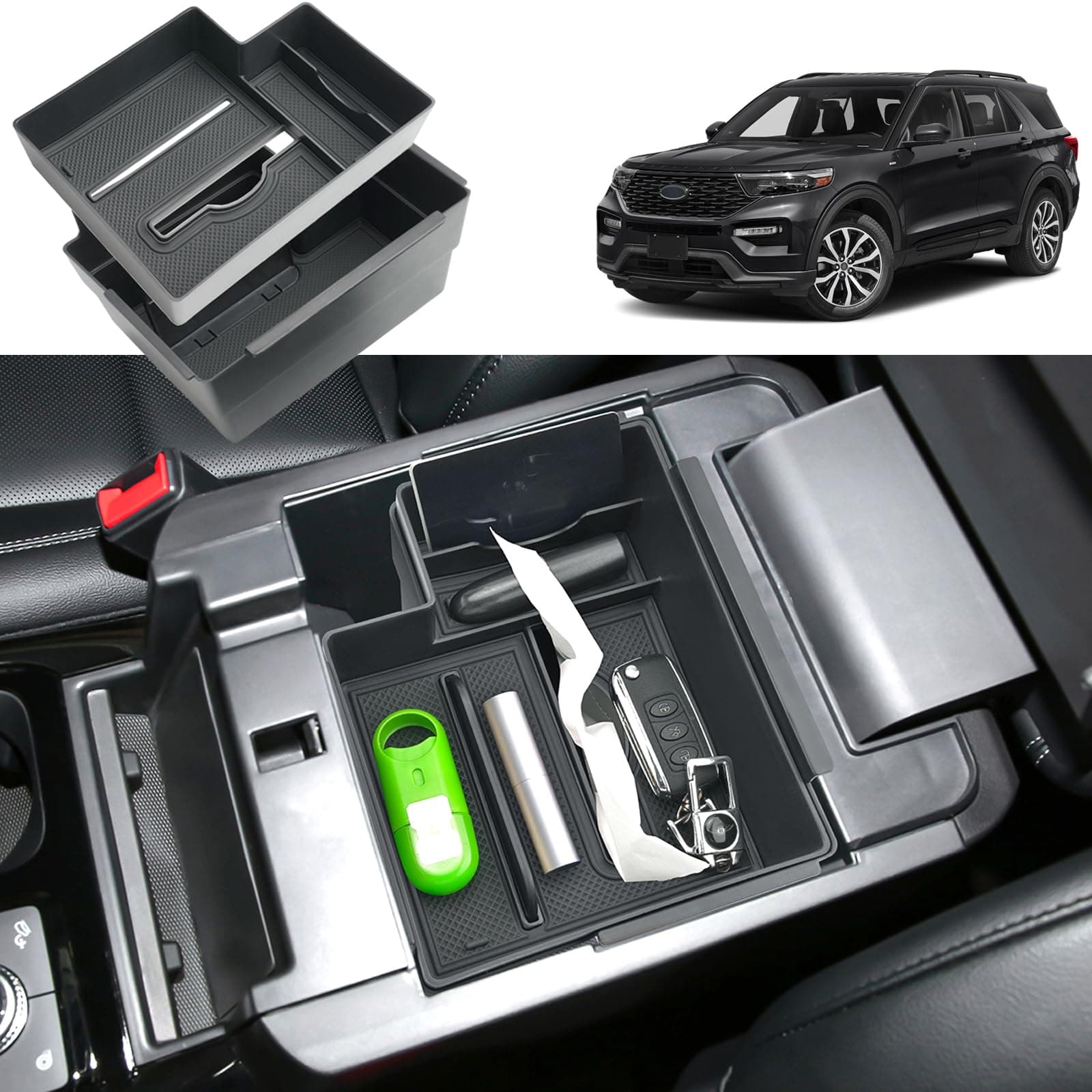 Double Layer 2020-2025 Explorer Center Console Organizer for Ford Explorer All Trims (Active/ST-Line/Platinum/ST), Durable ABS Plastic 2023 2024 2025 Explorer Armrest Tray, Tissue Box Holder
