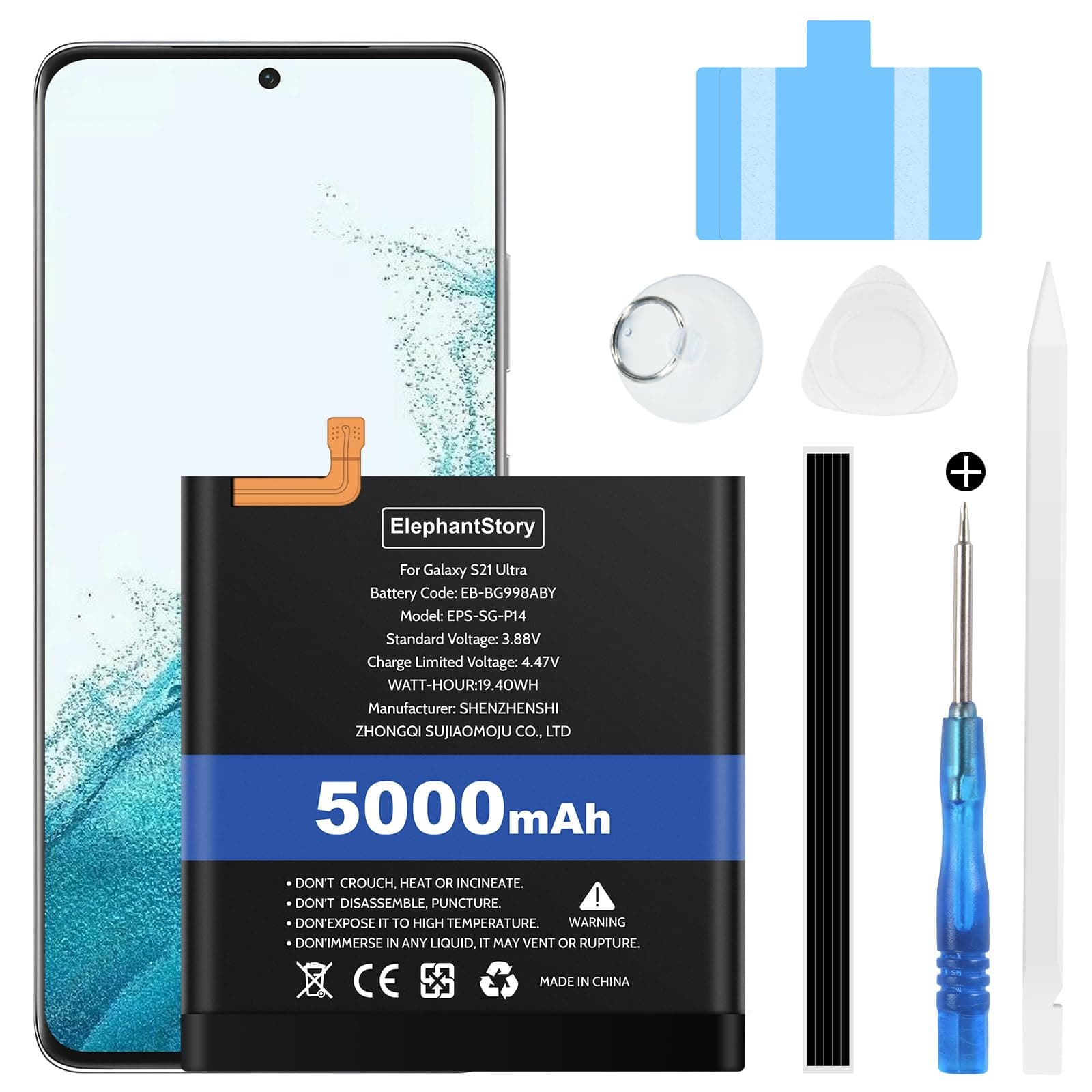 Battery for Galaxy S21 Ultra SM-G998 5000mAh Code EB-BG998ABY Li-Polymer Replacement Battery with Repair Tool Kit