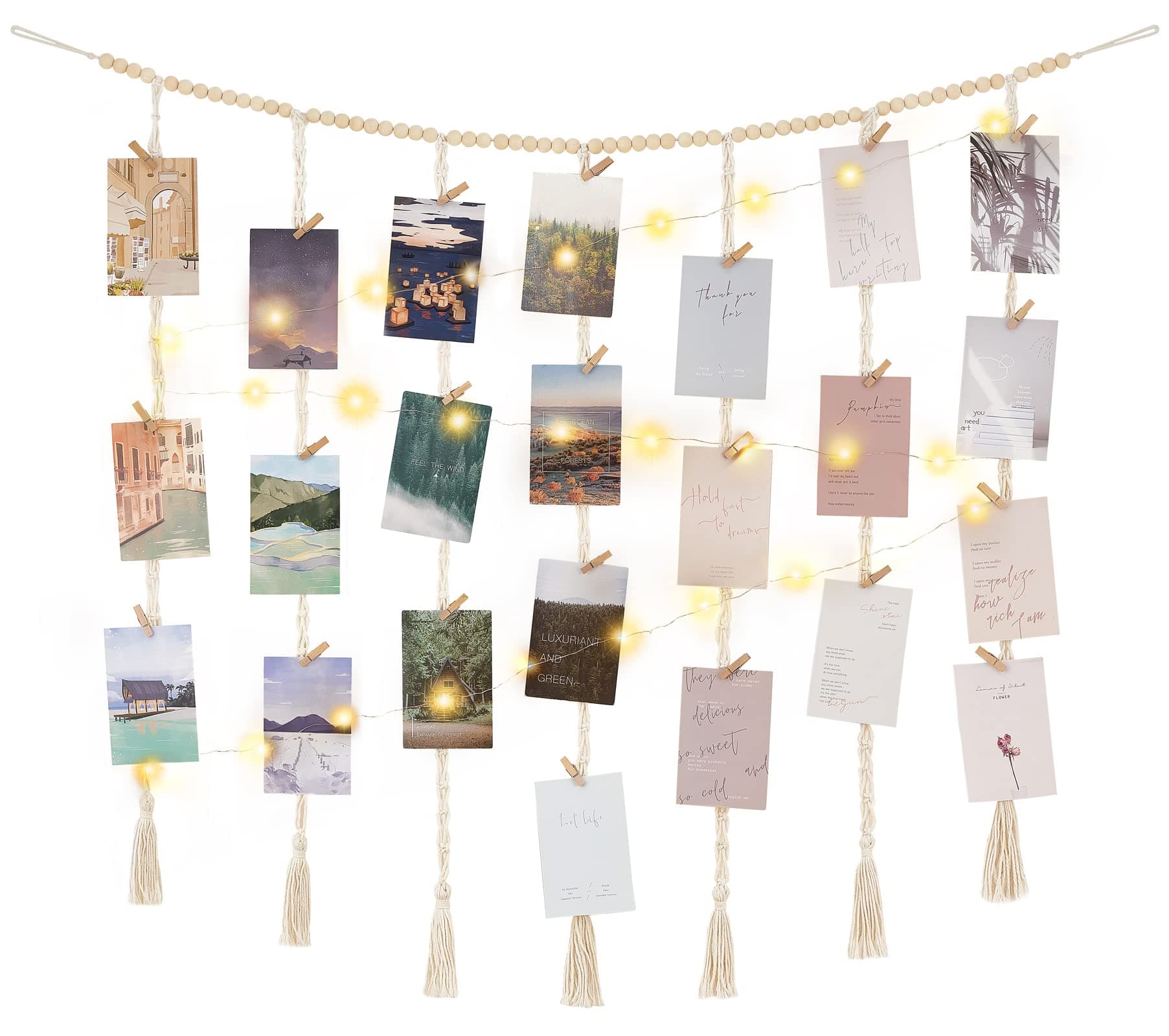 Mkono Macrame Hanging Photo Display Wall Decor with String Lights Boho Wooden Beads Garland Collage Picture Frame Holder with 45 Wood Clips for Bedroom, Living Room, Nursery Dorm, Teen Girl Gifts