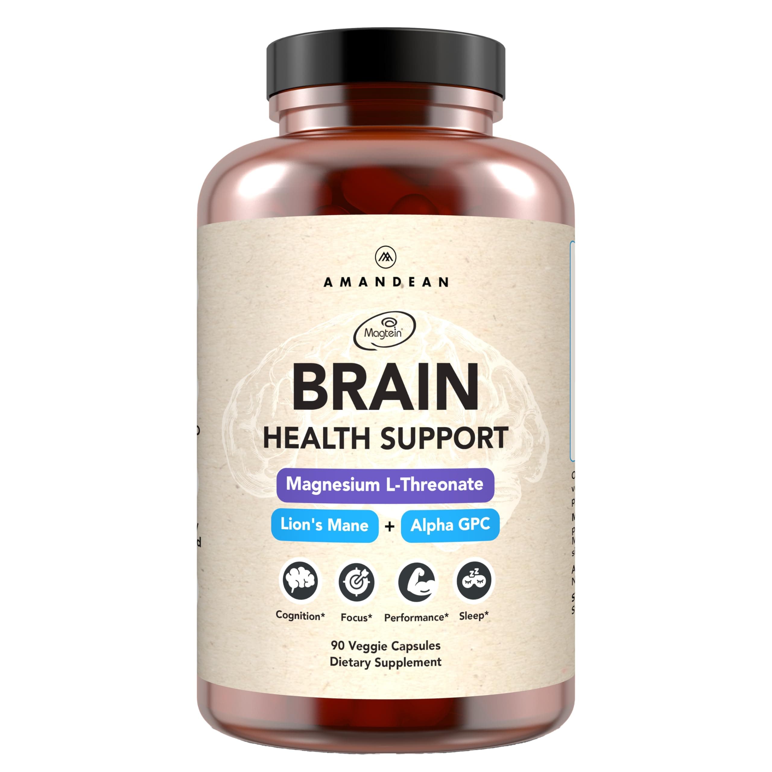Brain Supplement for Memory and Focus, Mental Clarity, Cognitive Function. Nootropic with Magnesium L-Threonate (Magtein), Lions Mane and Alpha GPC - (90 Veggie Capsules)