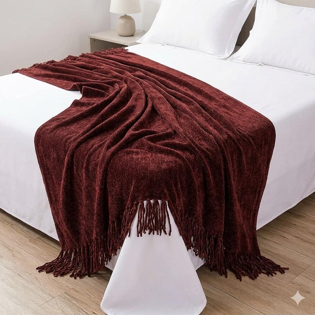 Cazimo Chenille Decorative Throw Blanket for Sofa & Chair | Super Soft All-Season Fringe Throw for Living Room | Fade Resistant, 60x50 Inches, Maroon