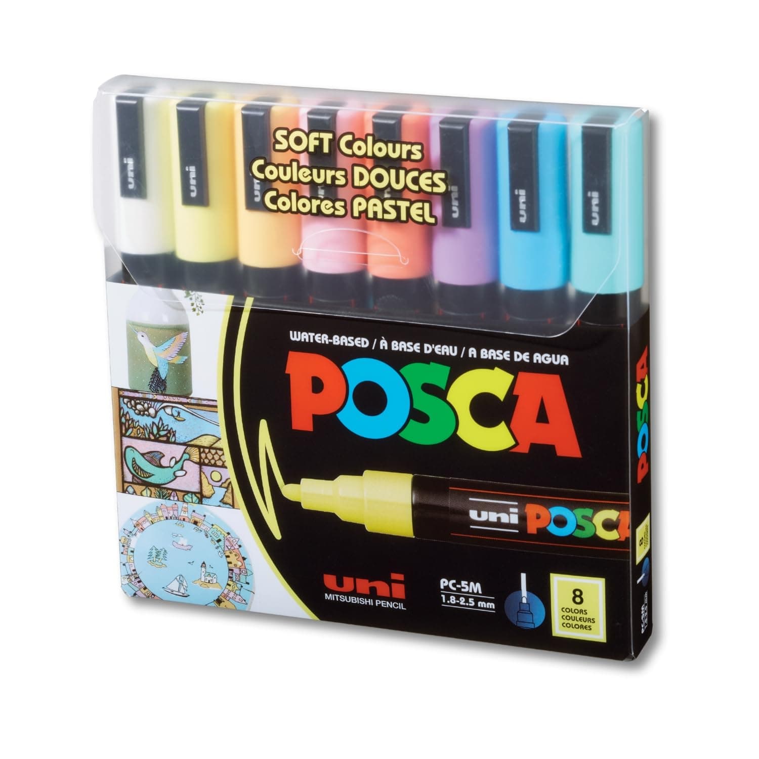 POSCA 5M 1.8-2.5 mm Bullet Shaped Soft Color Paint M Pen | Reversible & Washable Tips | For Rocks Painting, Fabric, Wood, Canvas, Ceramic, Scrapbooking, DIY Crafts | 8 Soft Shades, Pack of 8