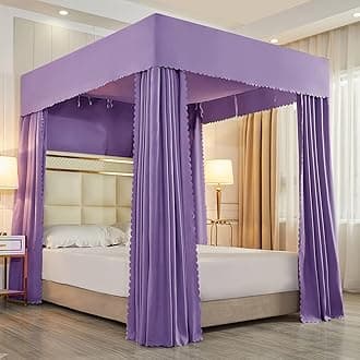 Mengersi Black Canopy Bed Curtains-4 Corner Post Bed Canopy Curtains Bedroom Decoration,Not Include Poles (King, Purple)