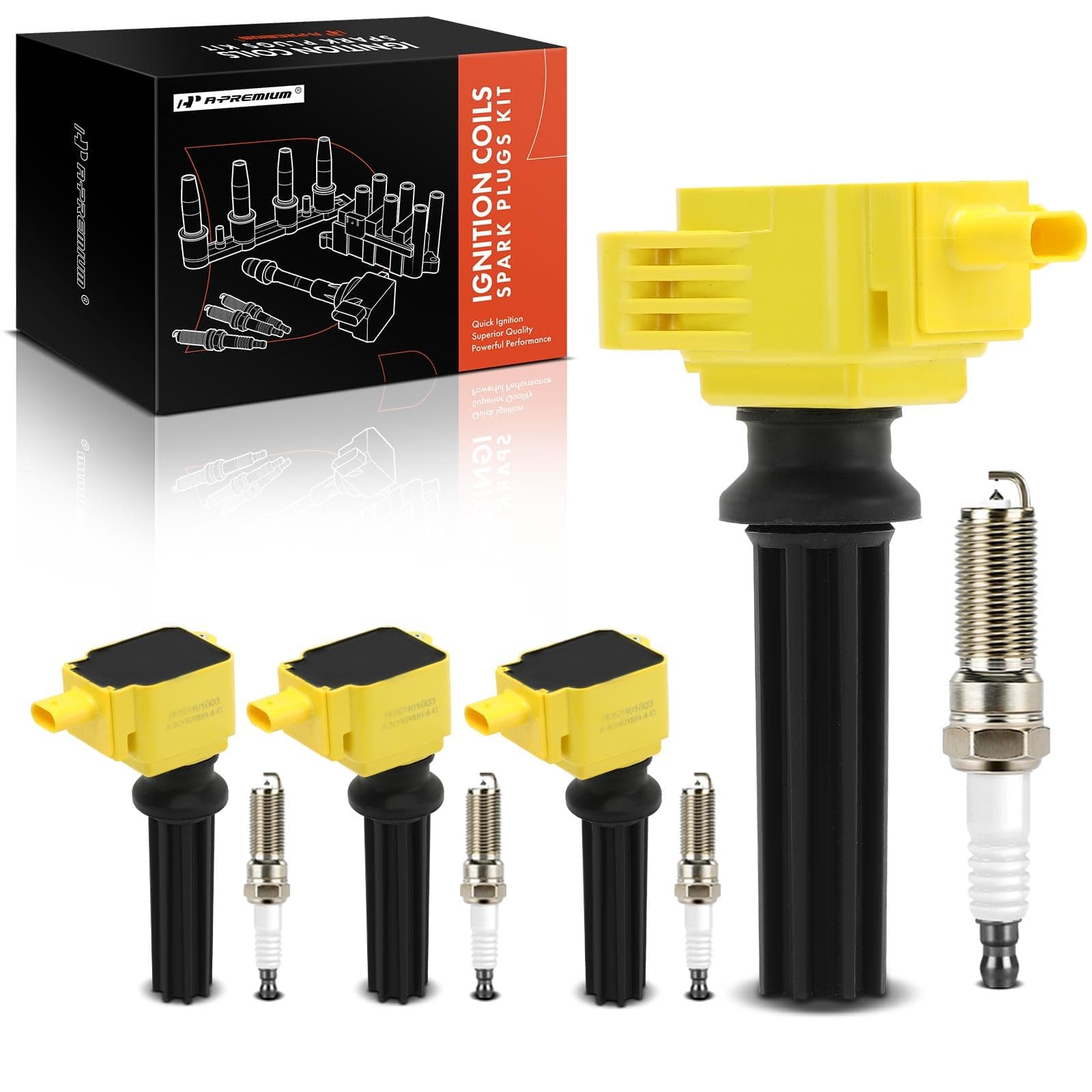 Ignition Coil Pack and Iridium Spark Plugs Compatible with Ford Explorer 2.0L/2.3L 2012-2019, Edge 2.0L 2012-2018, EcoSport 2.0L 2018-2022 & Lincoln MKT 2.0L 2013-2016 - Yellow, Set of 4