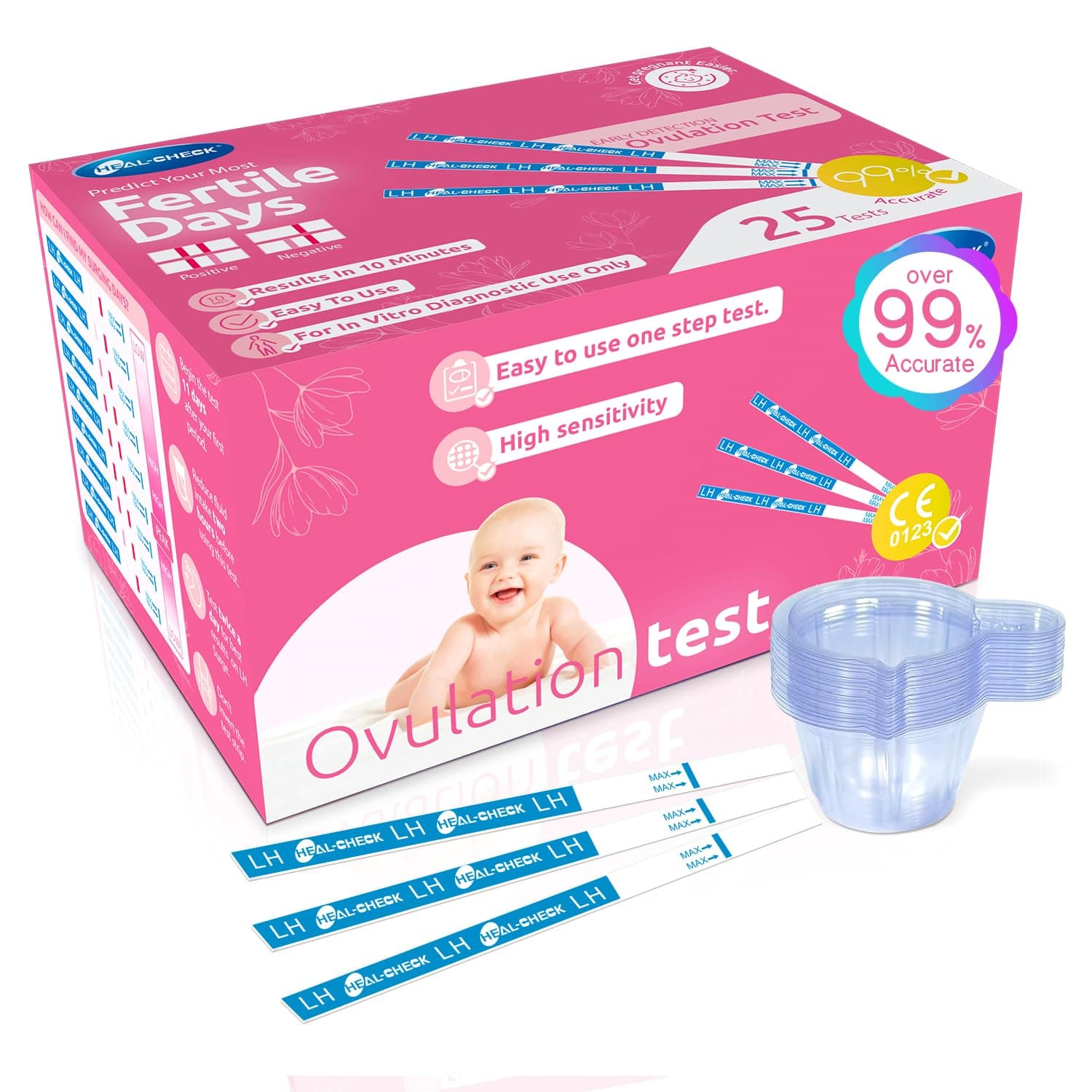 HEAL-CHECK 25 Count Ovulation Test Strips with Cups, Bulk Ovulation Test Strips for Women, Ovulation Predictor Kit, Accurate Fertility Tests for Home, Individually Wrapped 5mm LH
