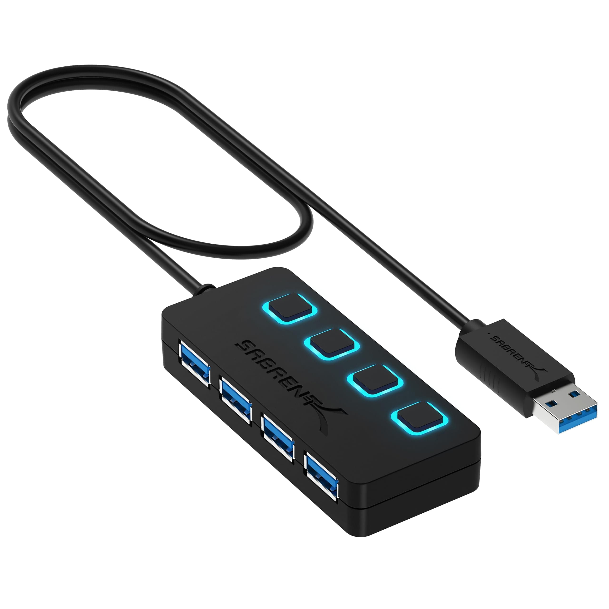 USB Hub 4 Port Fast 5Gbps USB Splitter 3.2, with LED Switches, 68CM (2ft) Cable, Slim & Portable for Mac/PC (HB-UM43)
