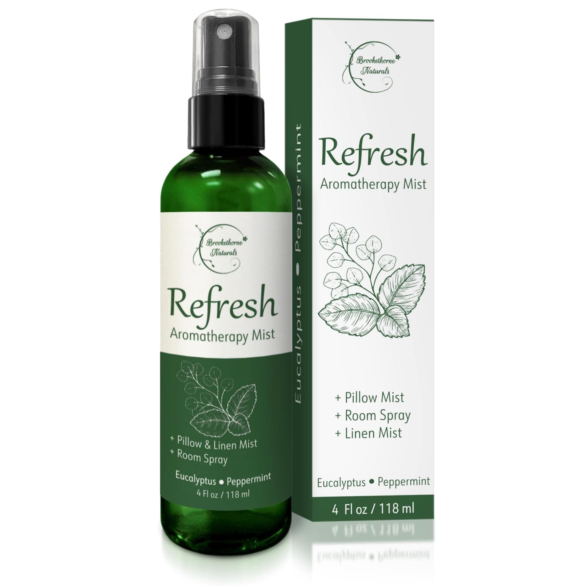 Refresh Aromatherapy Room Spray & Pillow Mist. Peppermint & Eucalyptus Essential Oil Spray, Linen Mist, Natural Car Air Freshener Bathroom Freshener & Closet Deodorizer by Brookethorne Naturals