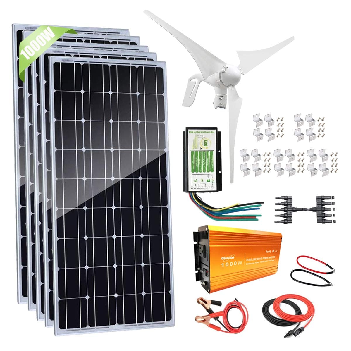 1000W Solar & Wind Power Kits Cabin Off Grid System for Charging 12V Battery: 400W Wind Turbine Generator + 600W Mono Solar Panel + Hybrid Charge Controller+1000W Inverter+Accessory