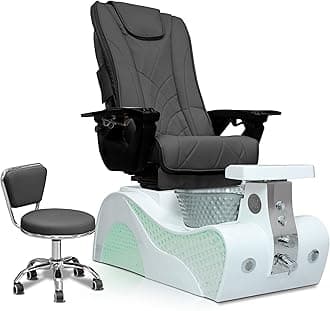 New Wave Pedicure Chair for Nail Spa with Massage, Heat, USB, Air Vent & Bubble System – Includes Stool, Pillow, Magnetic Jet Heads & Discharge Pump – Luxury Spa Station (White Base) (Espresso)