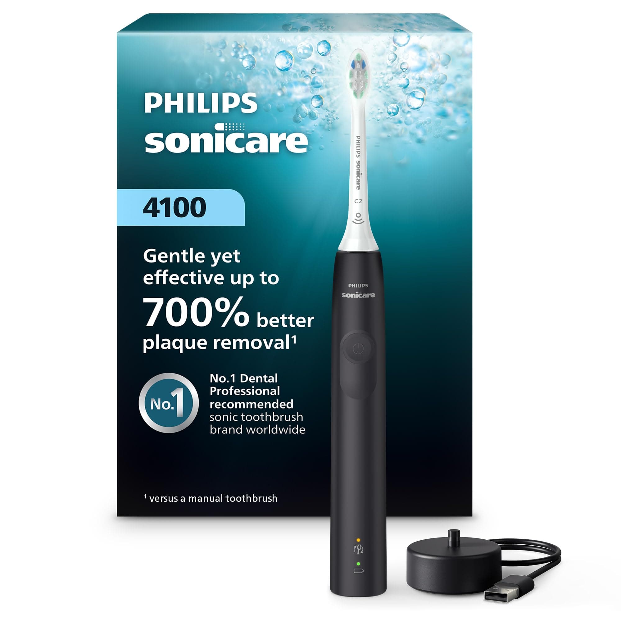 4100 Rechargeable Electric Toothbrush, with Pressure Sensor, 2 Intensity Settings, SmarTimer and QuadPacer, 14-Day Battery Life, Black, Model HX3681/24