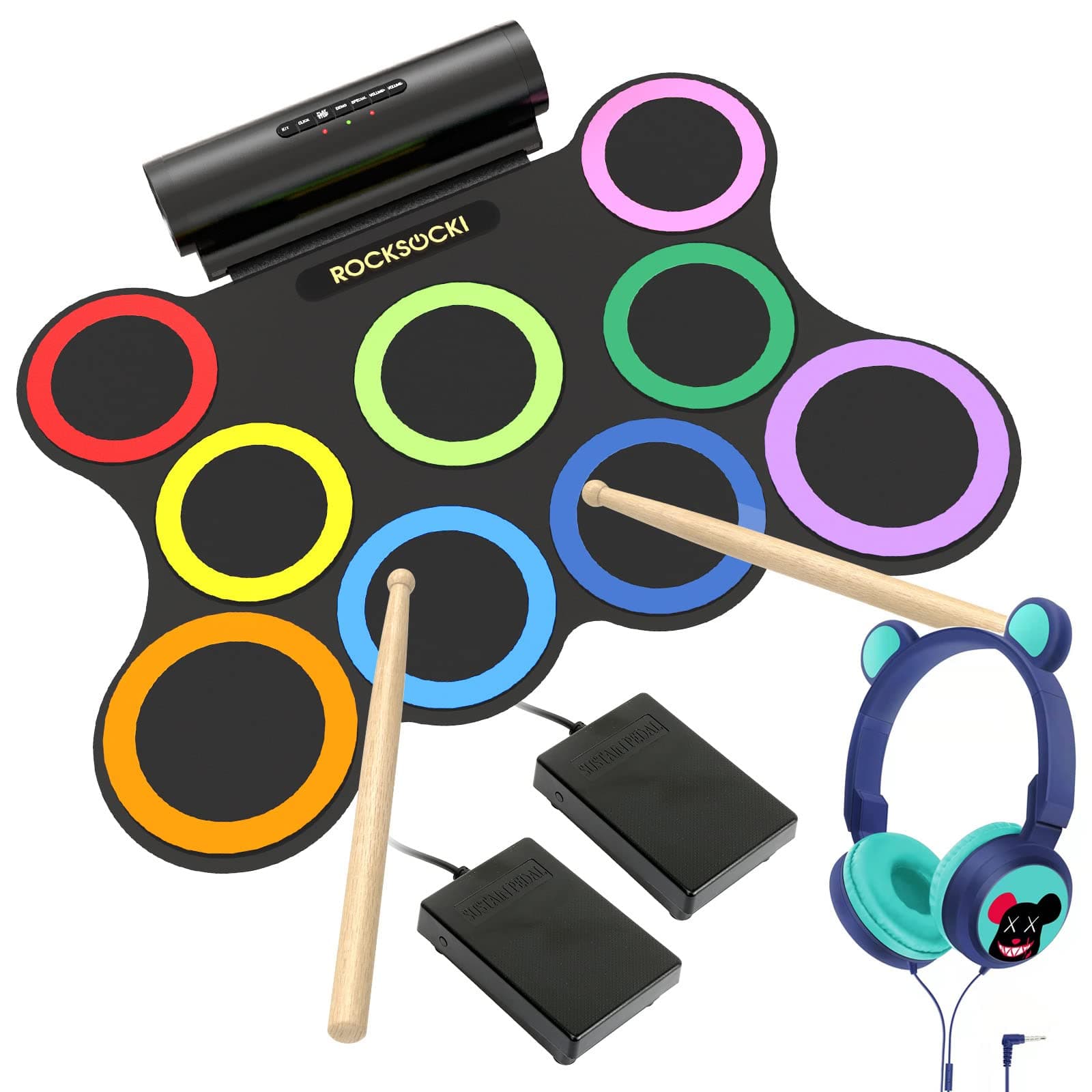 ROCKSOCKI Electric Drum Set 9-Pad With Headphone, Bigger Roll-up Drum Pad USB MIDI Game, Built-in Speaker, Drum Sticks, Foot Pedals 10 Hours Playtime Holiday Xmas Birthday Gift for Kids
