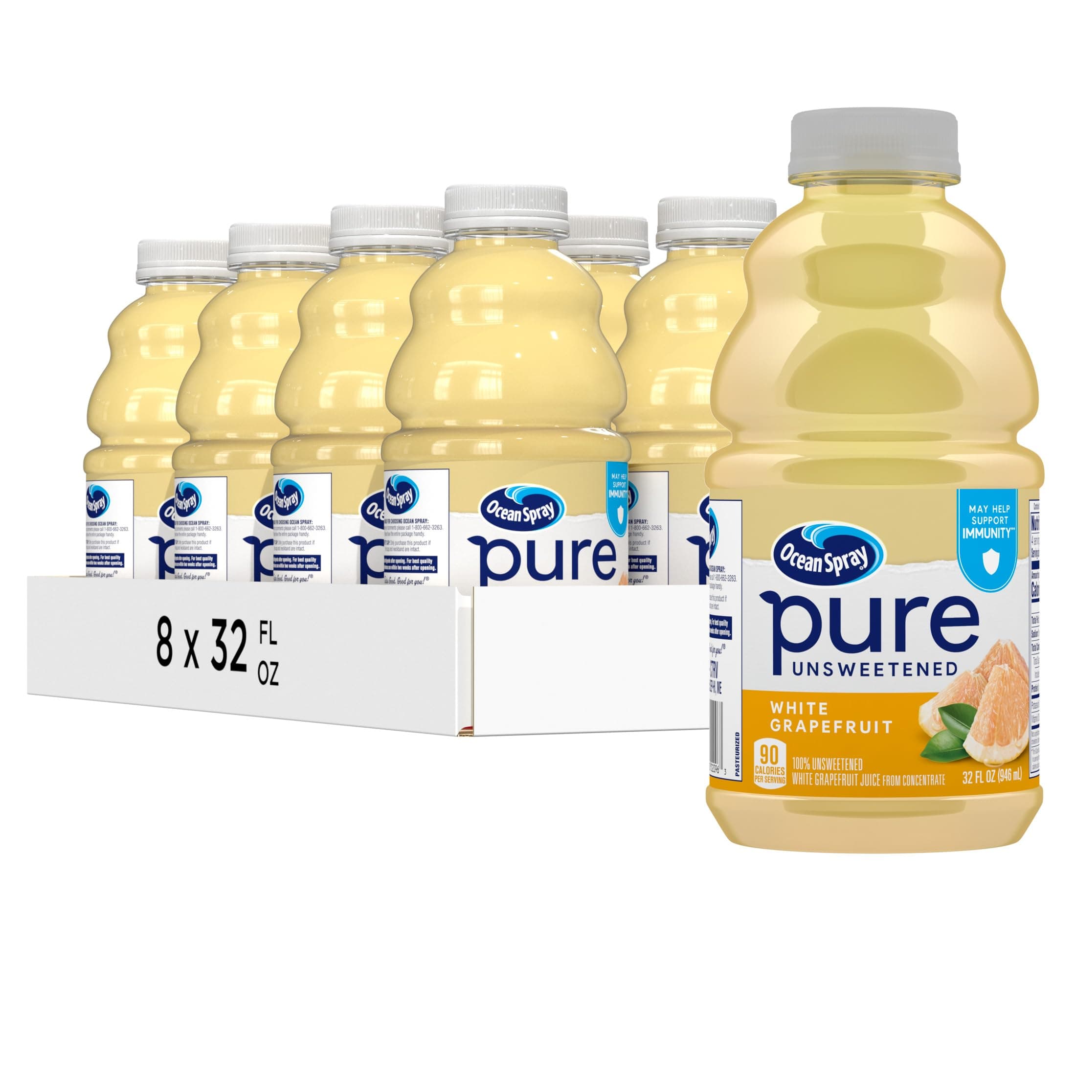 Ocean Spray® Pure Unsweetened White Grapefruit, 100% White Grapefruit Juice, 32 Fl Oz Bottle, (Pack of 8)